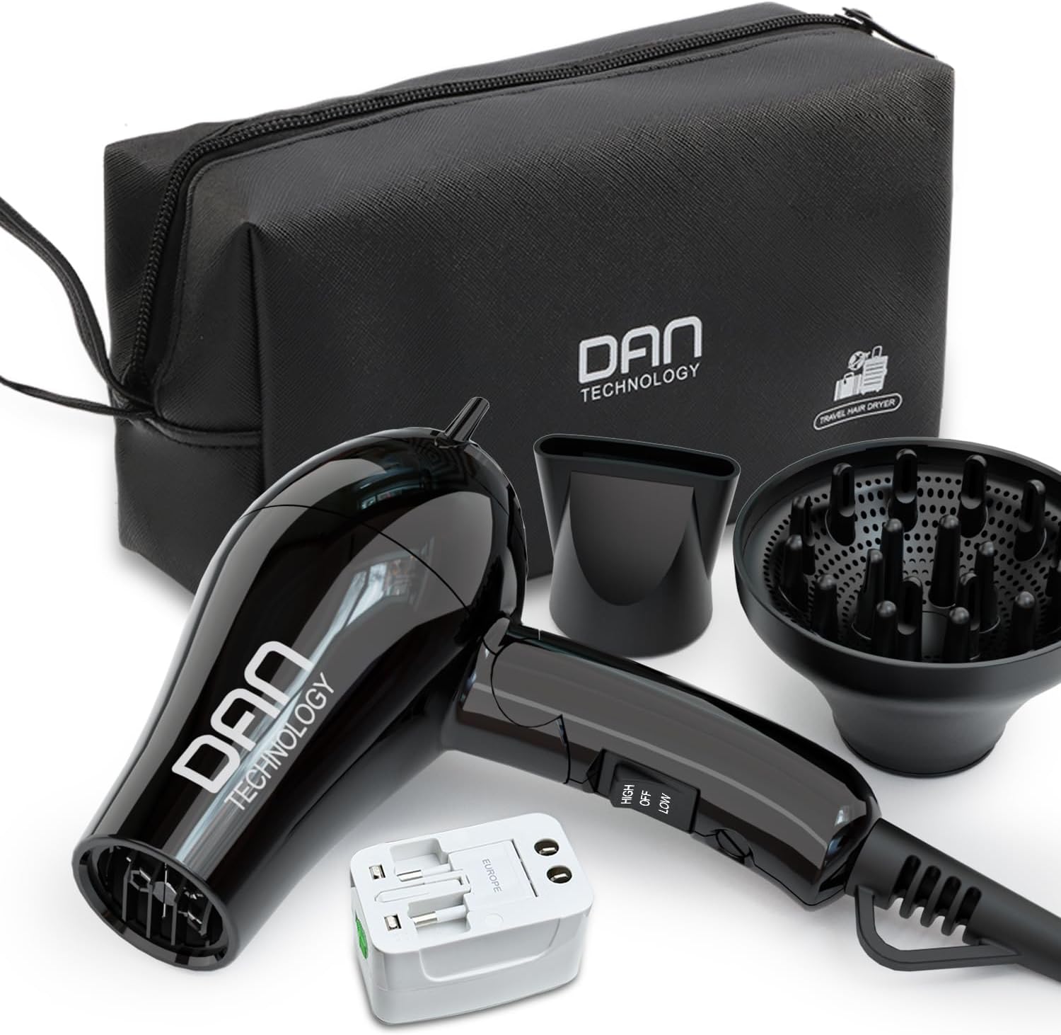 DAN Technology Auto Dual Voltage Hair Dryer,Hair Blow Dryer,Folding hairdryer for Travel,Small Blower with Multi-Function Plug Adapter,Compact Hair Dryer with Diffuser & Concentrator