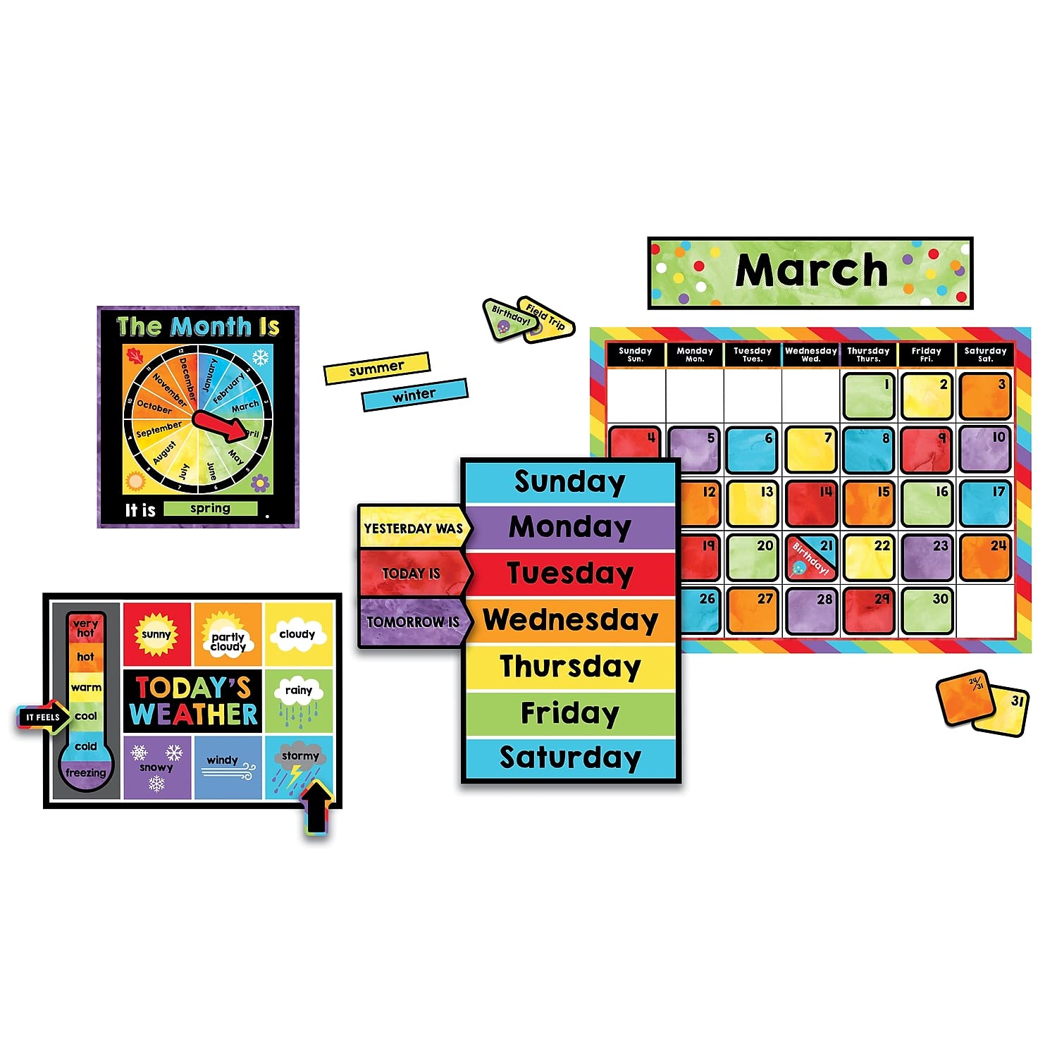 Carson Dellosa Celebrate Learning 86 pc Set Wall Calendar, Monthly Headers, Birthday and Number Cover Ups, Seasons, Weather, Days of the Week Chart for Bulletin Board and Classroom Decor