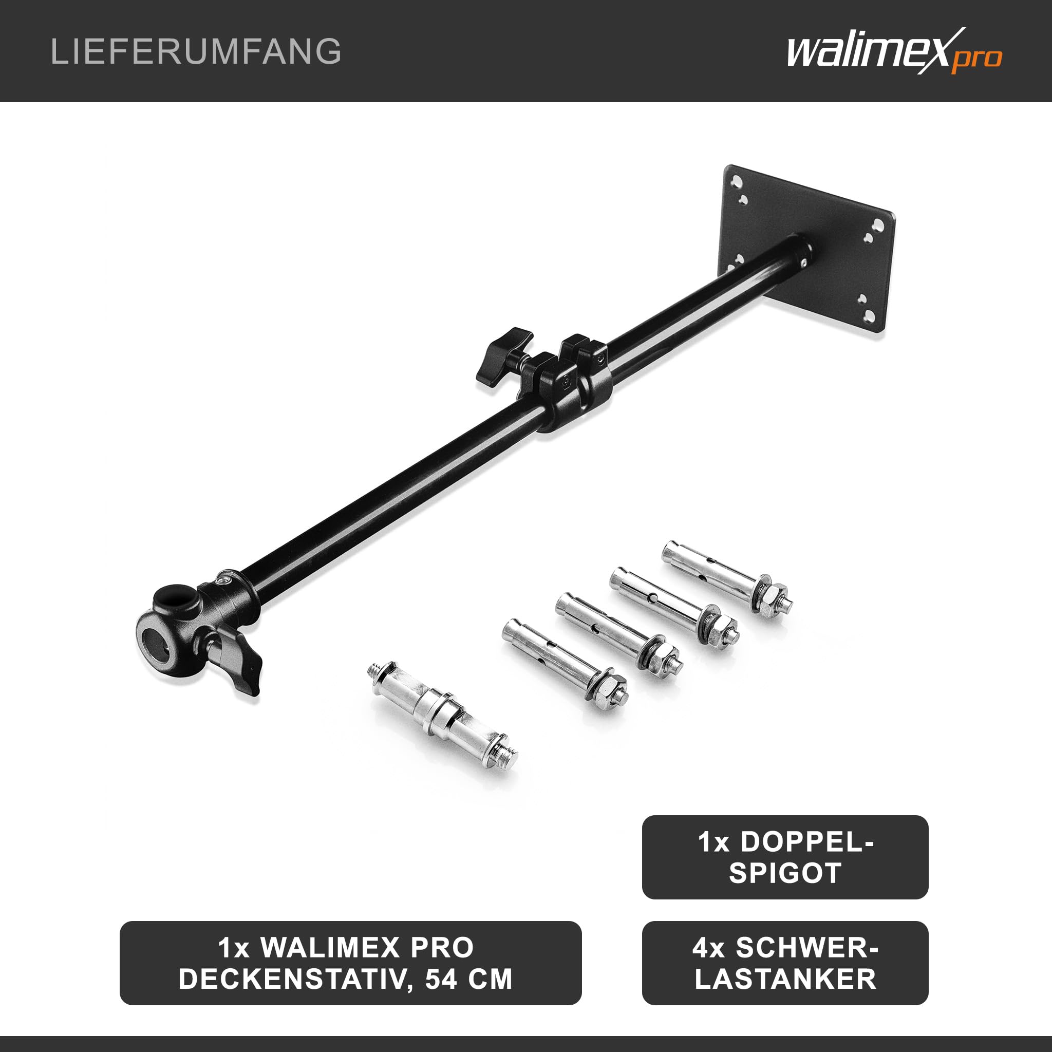 Walimex pro Deckenstativ 34-54 cm, Lichtstativ mit doppelseitigem 5/8" Spigot, Auslegerarm Halterung mit 1/4" u. 3/8" Gewinde, Lampenstativ belastbar bis 6 kg ideal für Videoleuchte, Softbox u. Kamera