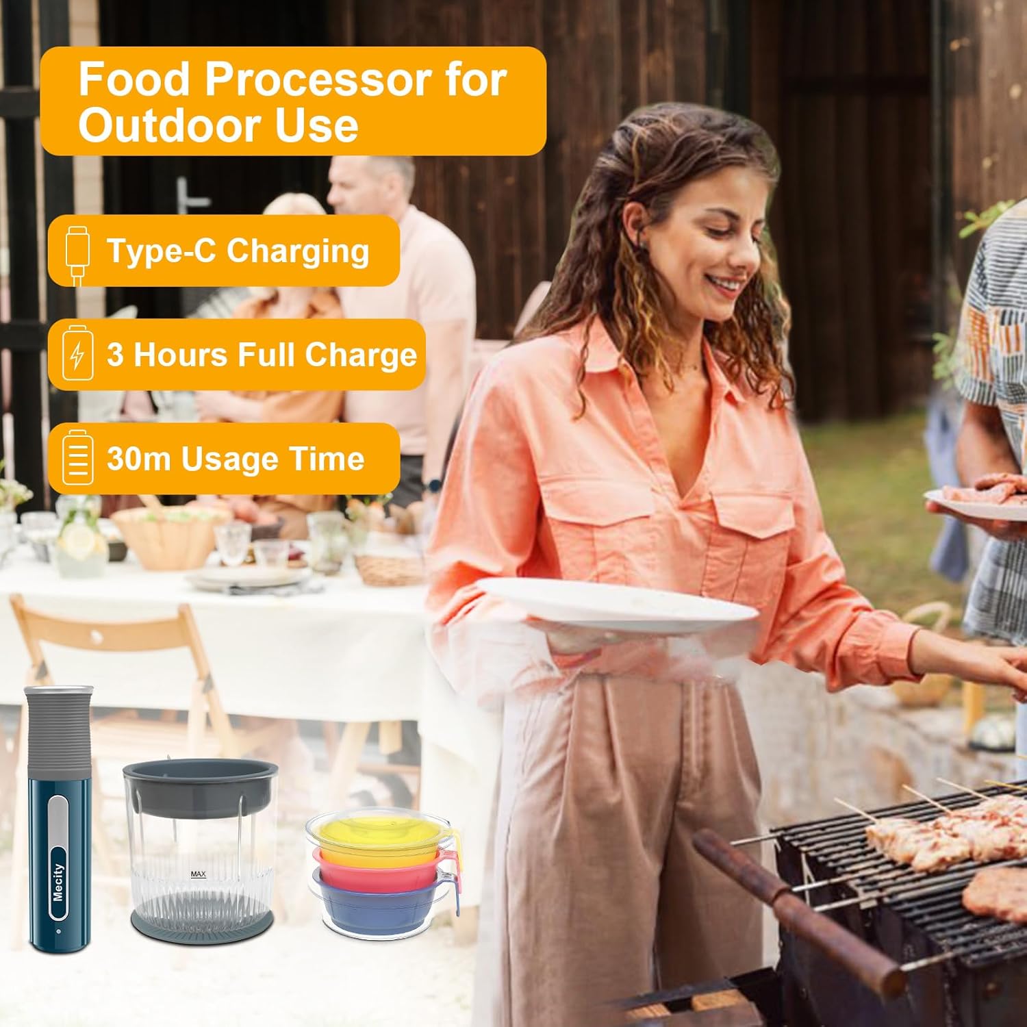 Woman using Mecity Cordless Food Processor outdoors at a barbecue
