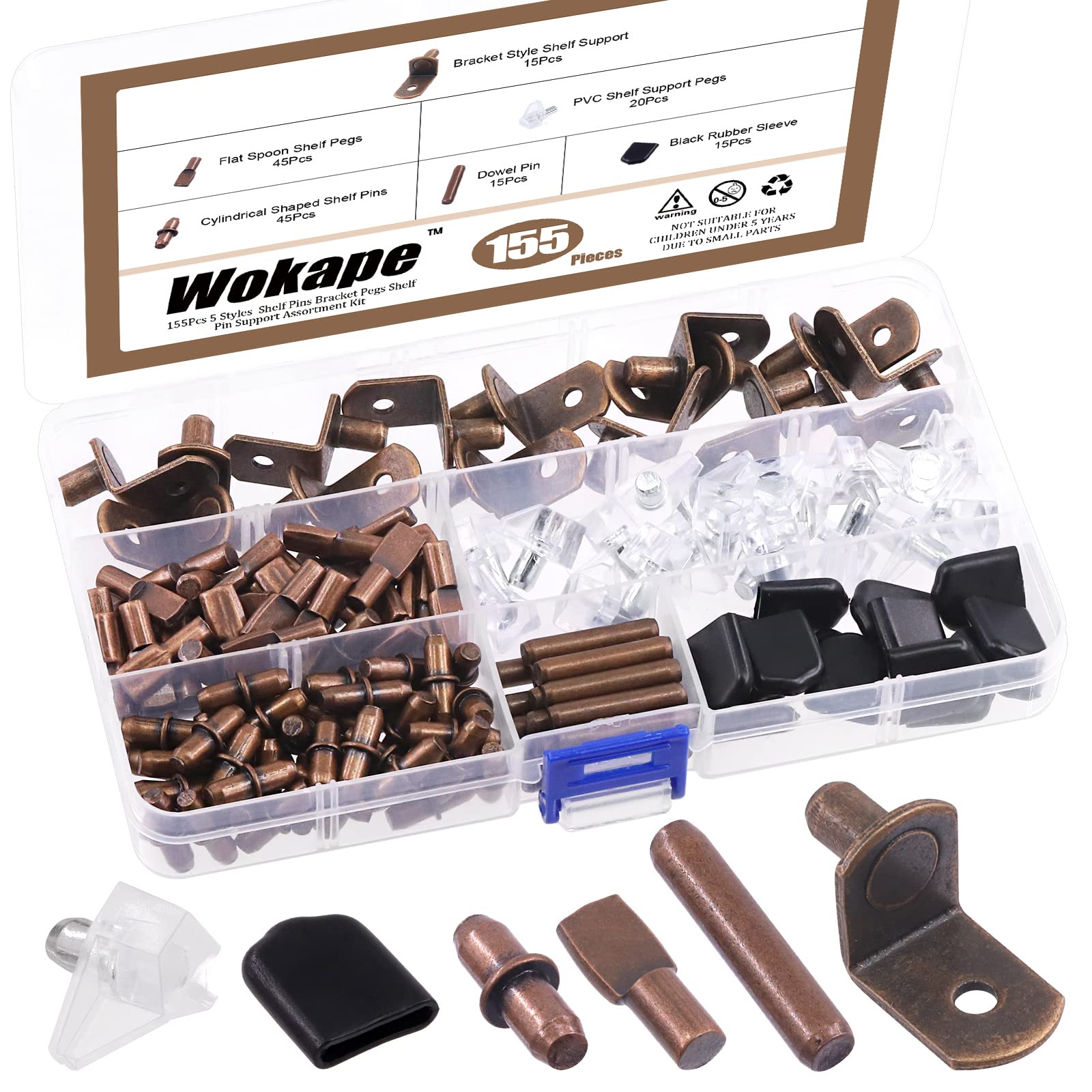 Wokape 155Pcs 5 Styles Red Bronze Shelf Pins Assortment Kit
