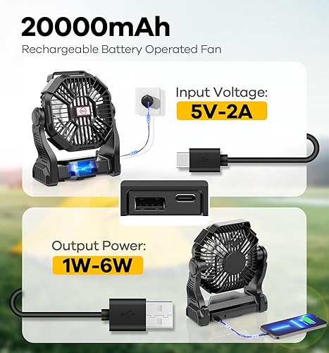 Miniatura 2 de Ventilador de campamento portátil con batería de 30000 mAh, con luz LED, funciona con batería silenciosa, equipo de campamento para viajes, tienda,