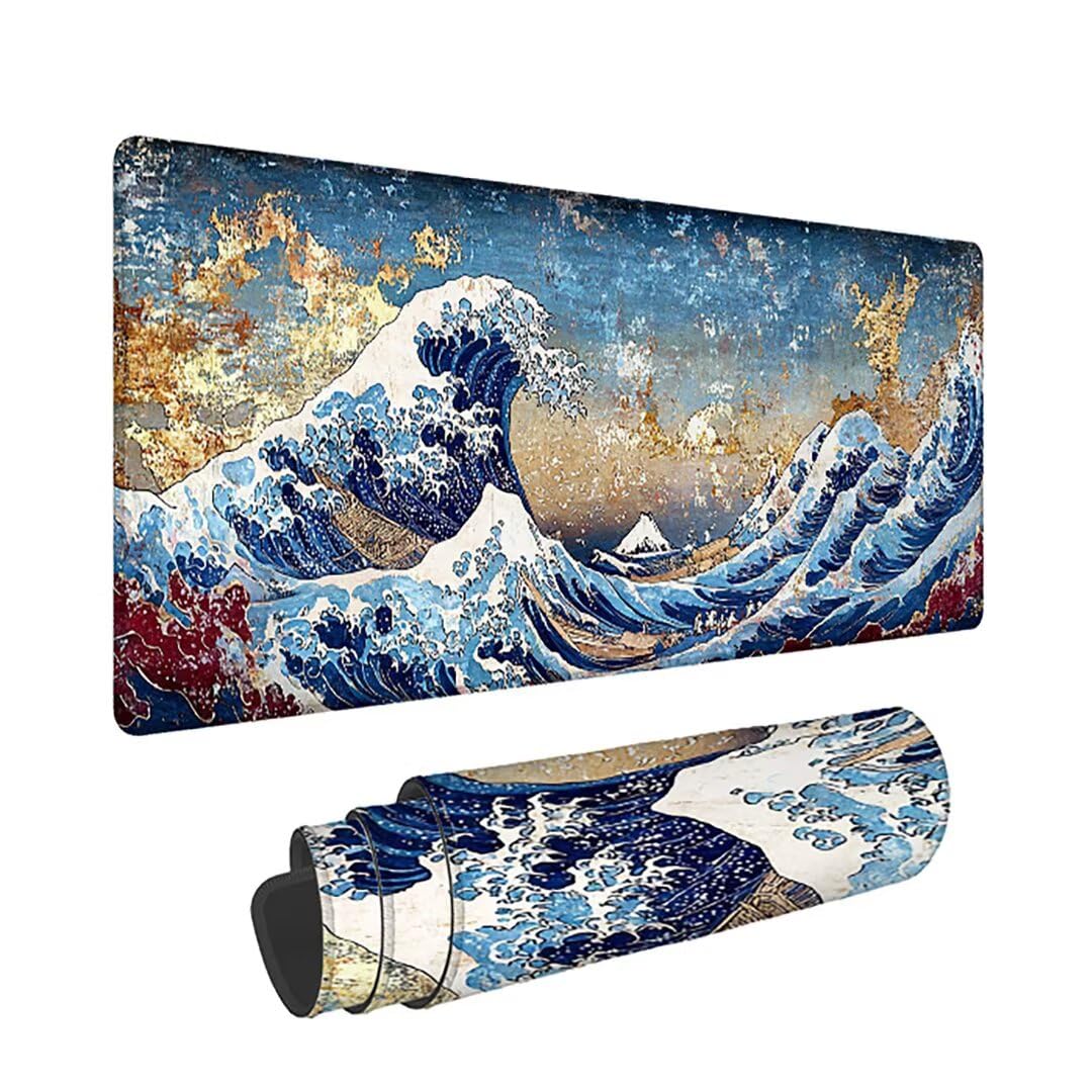 Gamingowa podkładka pod mysz XXL, 1600 x 800 x 3 mm, oceaniczna, antypoślizgowa, XXL, retro, duża, podkładka na biurko, nadaje się do prania, antypoślizgowa gumowa podstawa, szwy na krawędziach, do