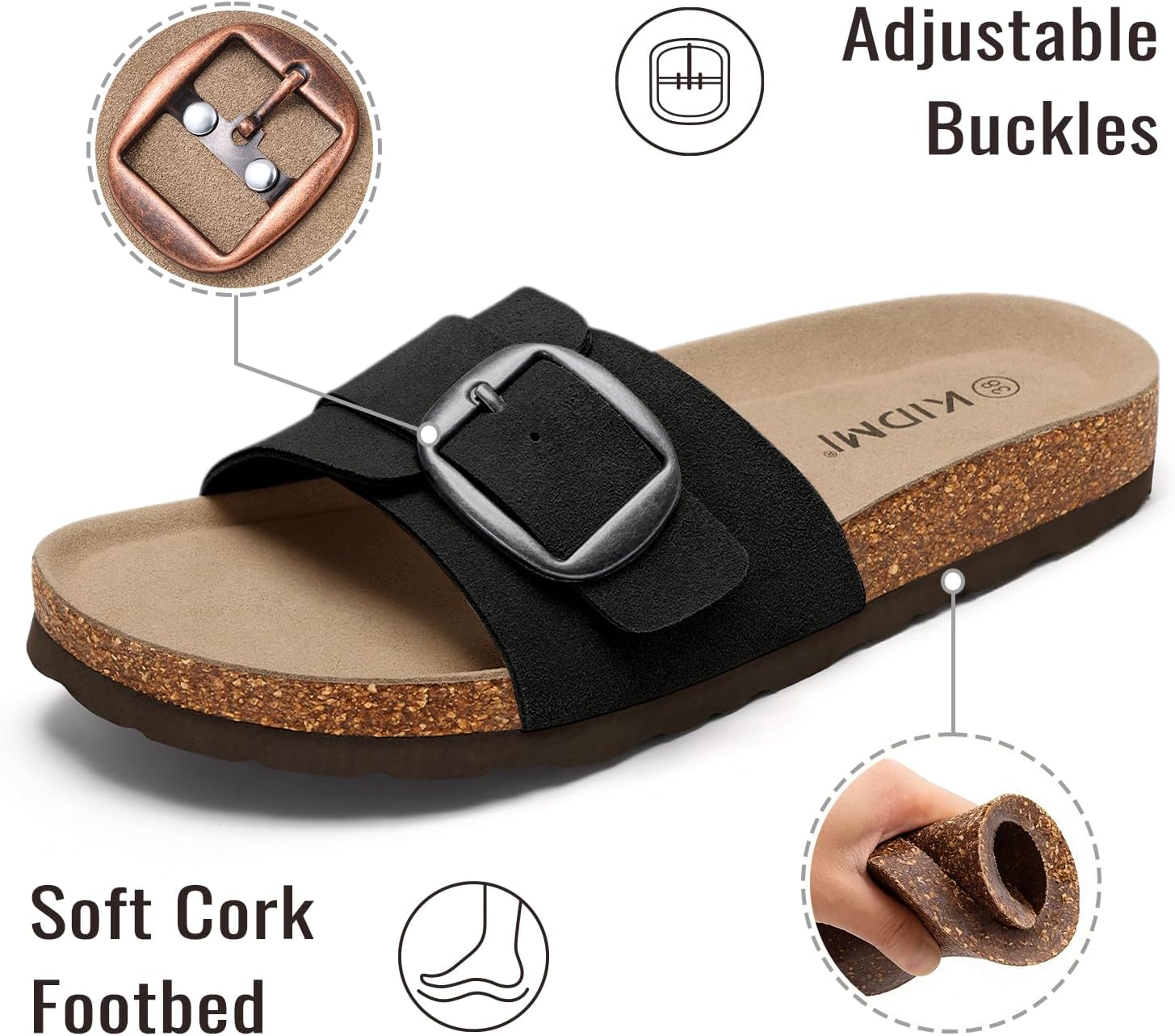KIDMI Genuine Suede Cork Footbed Sandals for Women Comfortable Summer Slides with Buckle