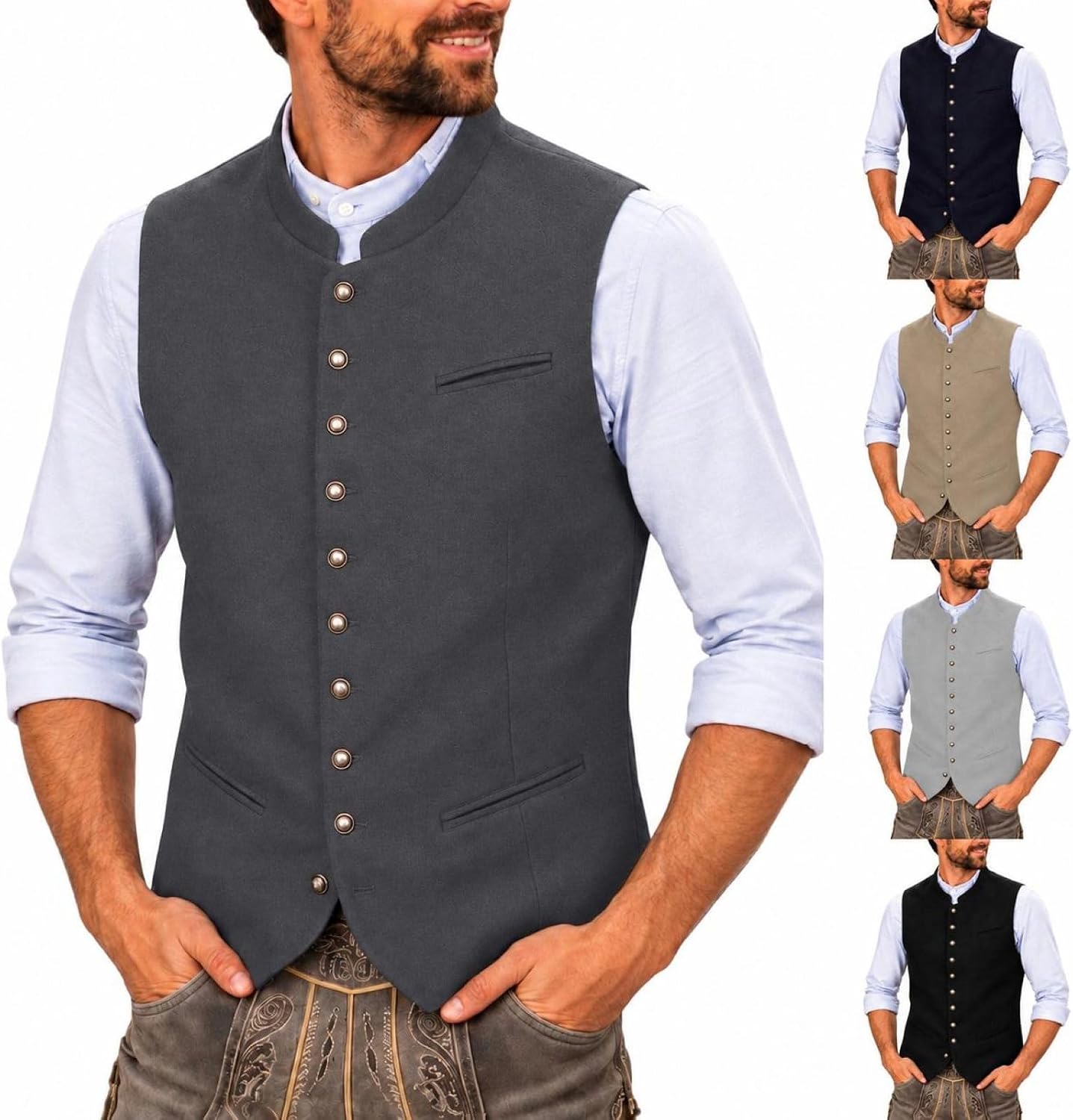 Trachtenweste Herren für Oktoberfest Outfit, Weste Herren Tracht mit Stehkragen, Knopfleis