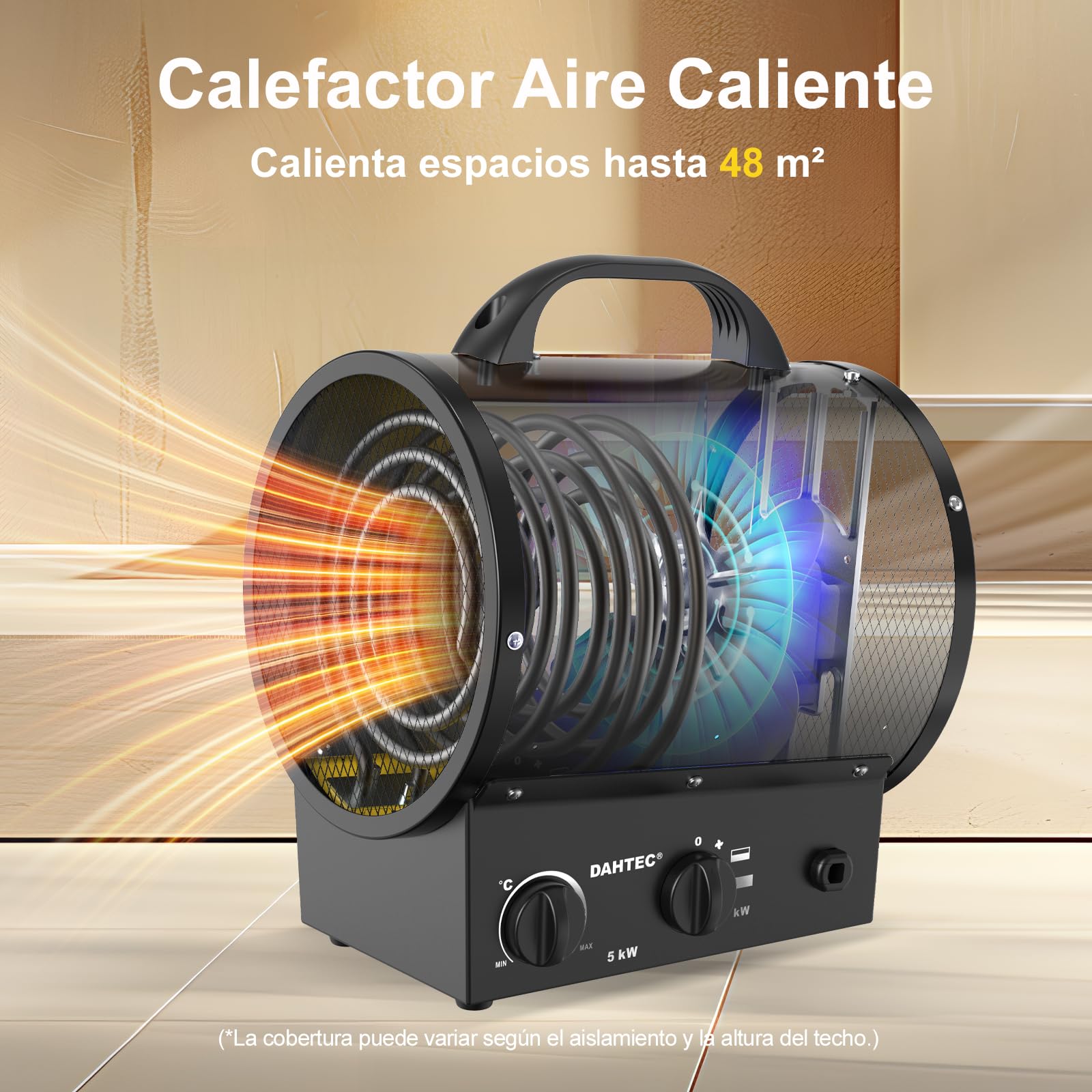 Calefactor 5000W - Calentador Electrico Portatil - Con Asa, Termostato y Protección Contra Sobrecalentamiento - Apto para Garajes, Tallers