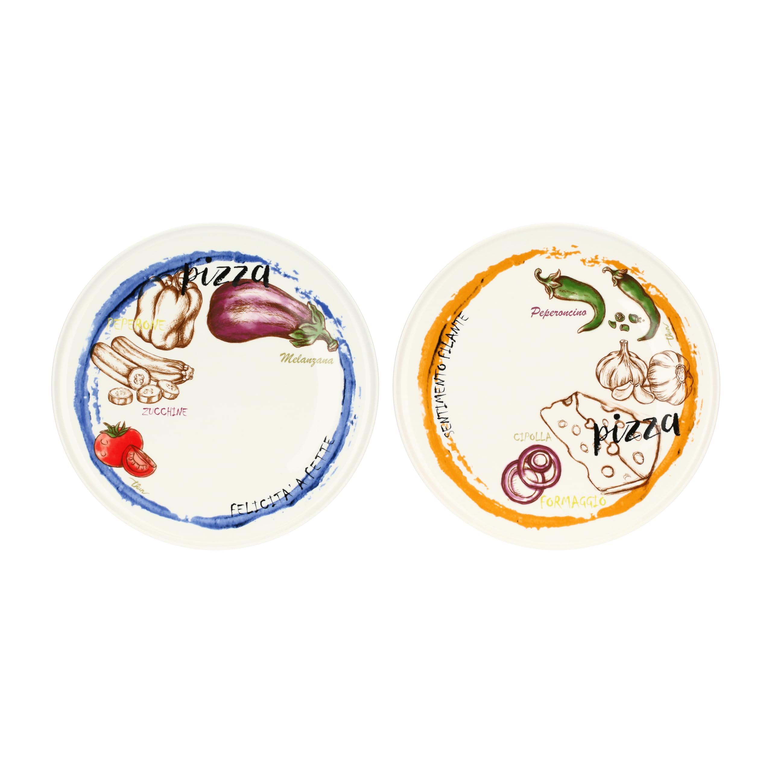 THUN - Set 2 piatti pizza Acqua e Farina, arancio e blu - Porcellana,ø 33 cm