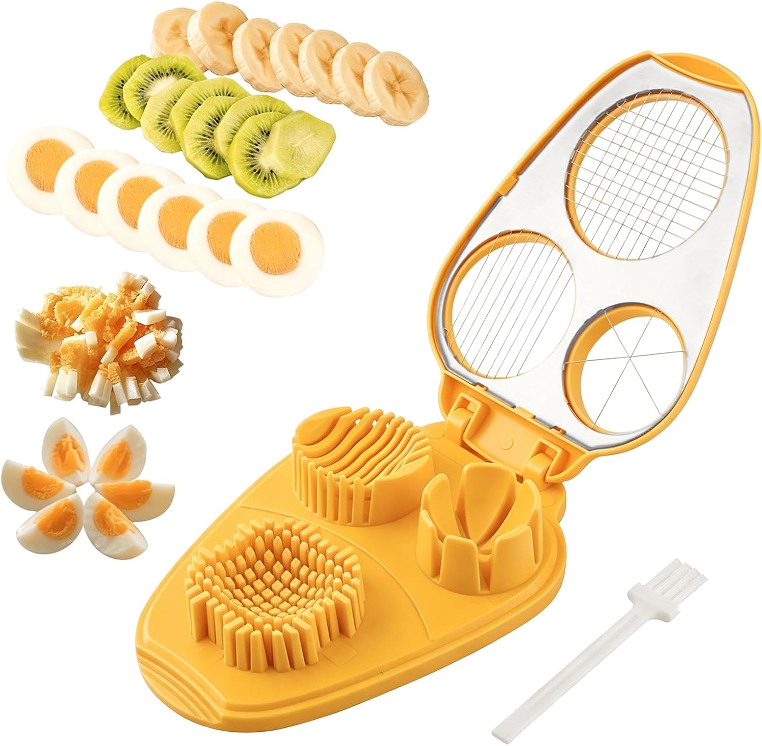 3 in 1 Boiled Egg Slicer, 3 Slice Modes Chopper Cutter with Brush, Manual Egg Slicer Steel Wire Dicer for Hard Boiled Eggs, Kitchen Gadget for Soft Fruit Butter, Labor Saving (Yellow)