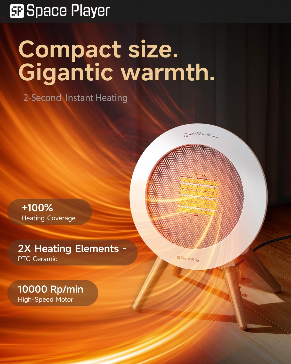 2026 Upgraded Portable Electric SpaceHeater Indoor Use, 1000W Energy-Saving PTC Ceramic Heater with Thermostat, 36dB Low-Noise, Overheat & Tip-Over Protection, 2 Modes - Home Bedroom Office