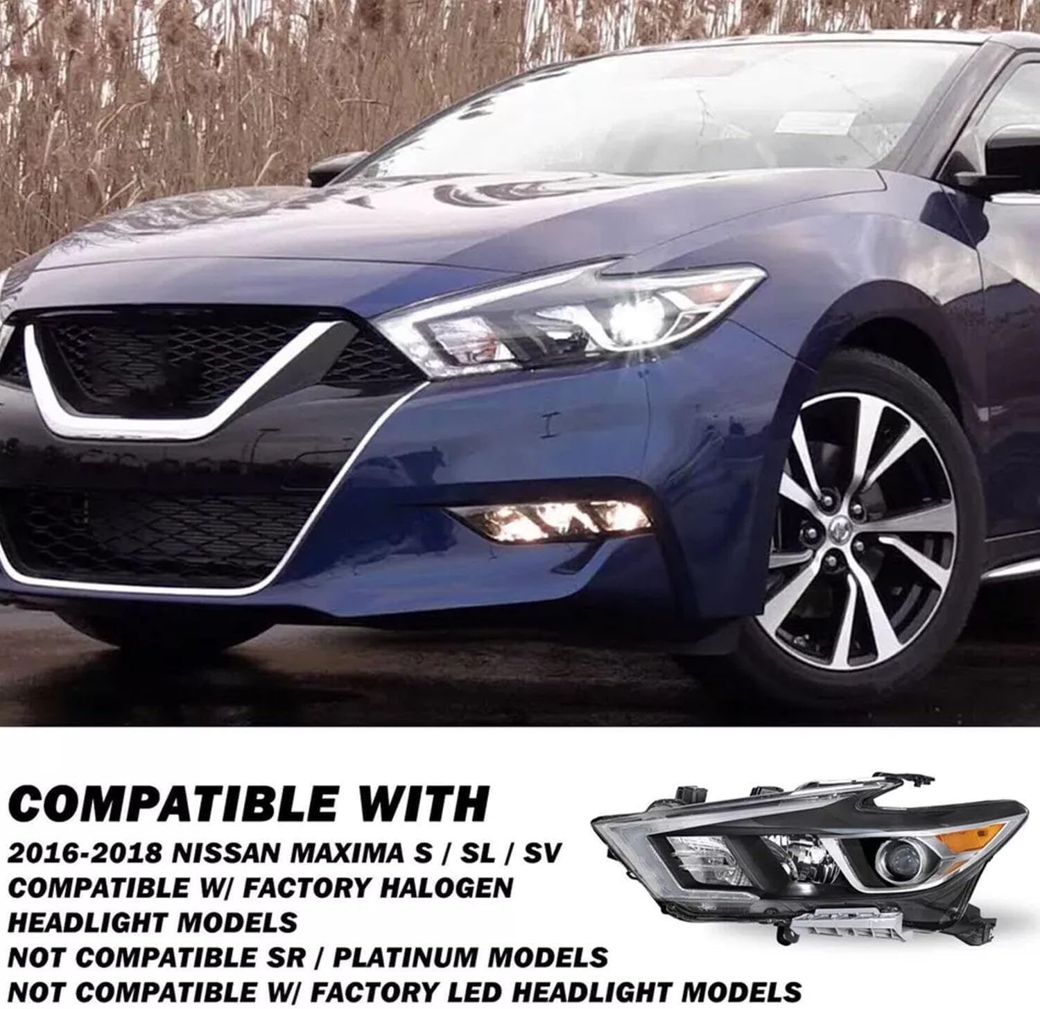 Halogen Headlight Assembly Compatible with 2016-2018 Nissan Maxima S/SL/SV – Projector Lens & LED DRL, Direct Plug & Play, Waterproof Left & Right (Chrome)