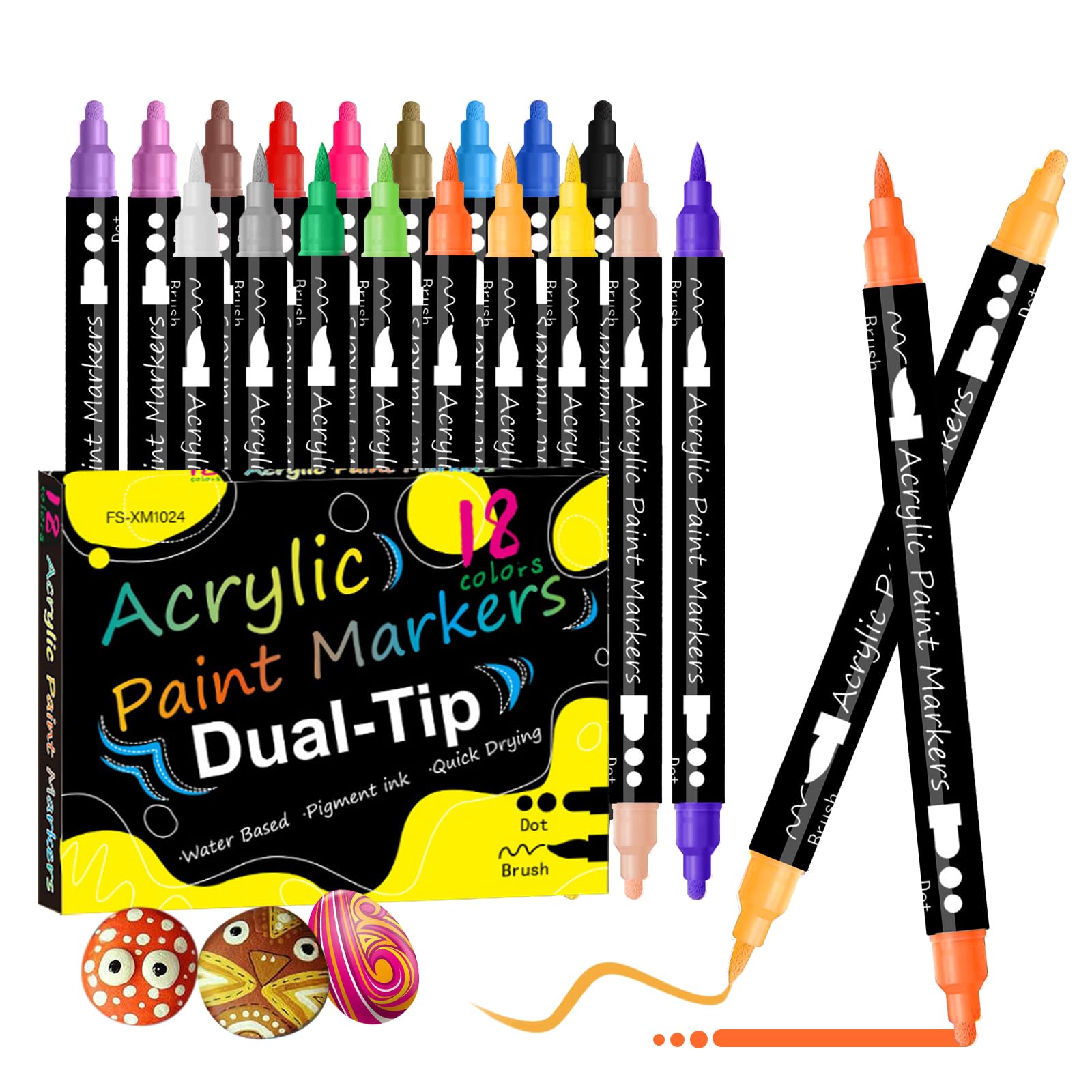 KARUOLA Acrylic Paint Pens Set - 18 Colors Dual Tip Acrylic Paint Markers for Rock Painting Stone Glass Ceramic Wood Metal Fabric, DIY Crafts Making Art Supplies, Water Based Acrylic Pens