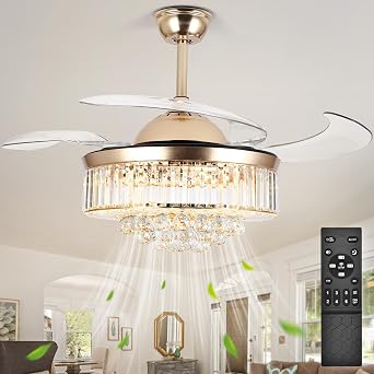 Bavnnro 36 Fandelier Ceiling Fans with Light, Gold Retractable Crystal Chandelier Fan, Reversible, Remote Control, Dimmable Ceiling Light Kits for Dining Living Room, Bedroom