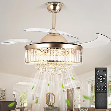 Bavnnro 42 Fandelier Ceiling Fans with Light, Gold Retractable Crystal Chandelier Fan, Reversible, Remote Control, Dimmable Ceiling Light Kits for Dining Living Room, Bedroom