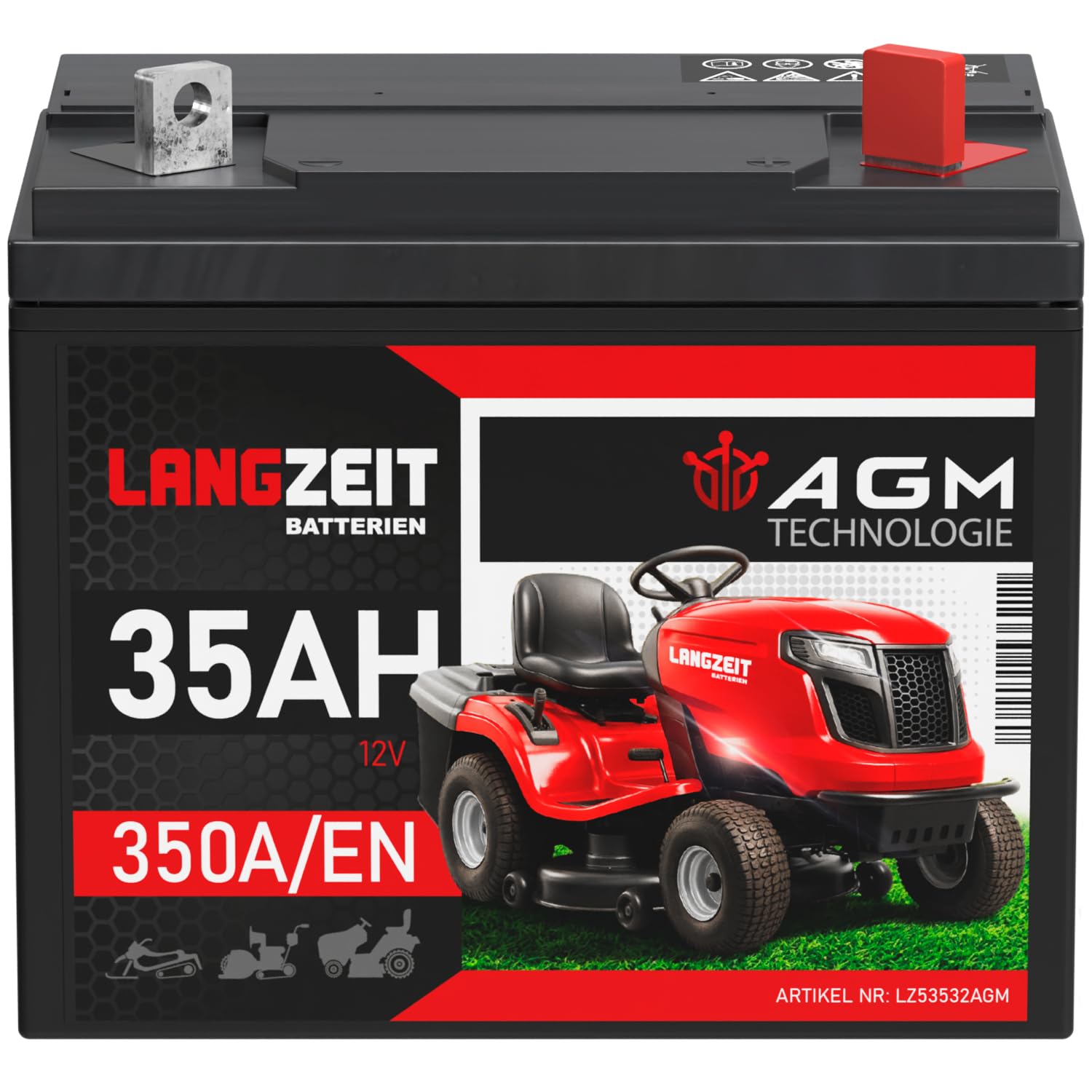LANGZEIT Batterie Tracteur Tondeuse 12V 35Ah AGM U1R pôle Positif à Droite