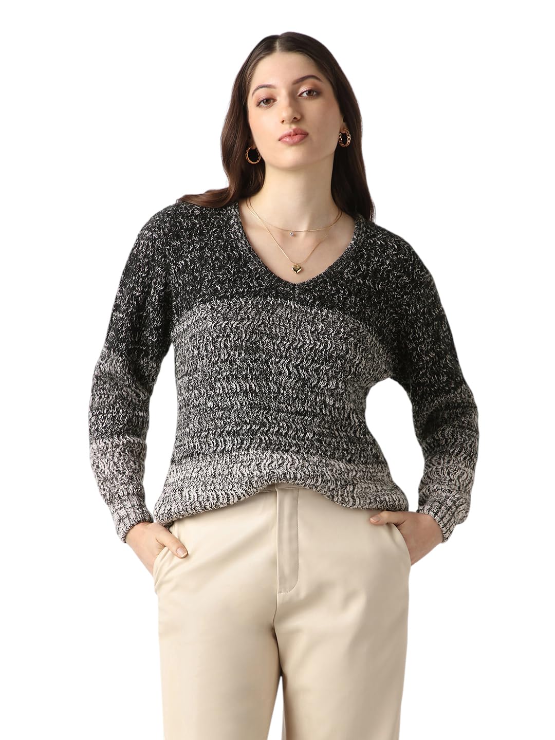 globus Women Ombre Self Design V-Neck Acrylic Pullover Sweater-picture-54