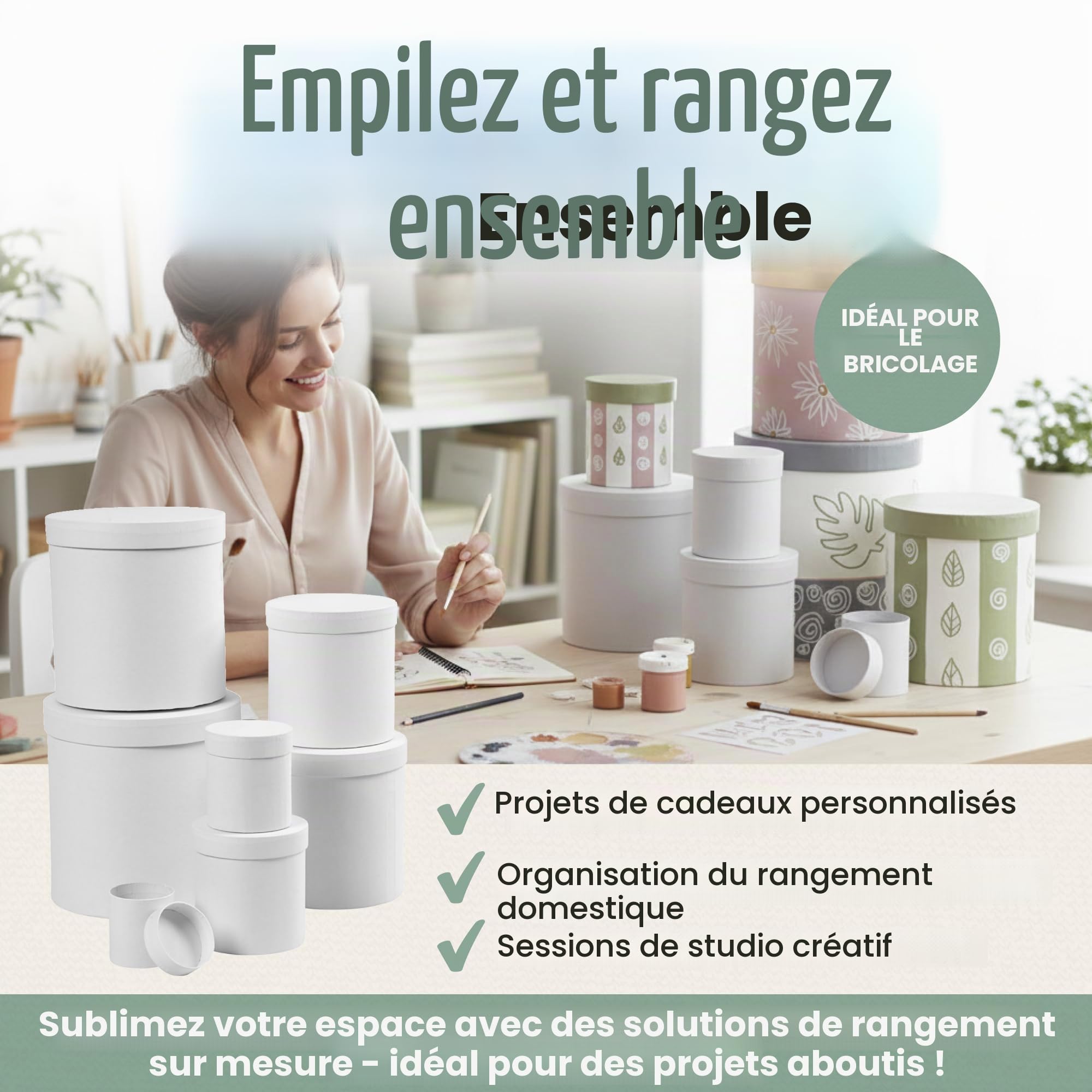 Boîtes rondes, rondes, D : 7+9+12+14,5+17+19,5+22 cm, H : 7,5+10,2+12,7+15,2+17,7+20,2+22,7 cm, blanc, 7 pièces.
