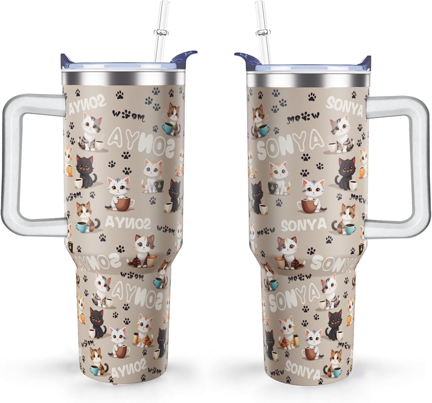40 oz Cute Cat Tumbler with Handle and Straw Lid cat gifts for cat lovers for Women Double Insulated Cup Travel Coffee Mug