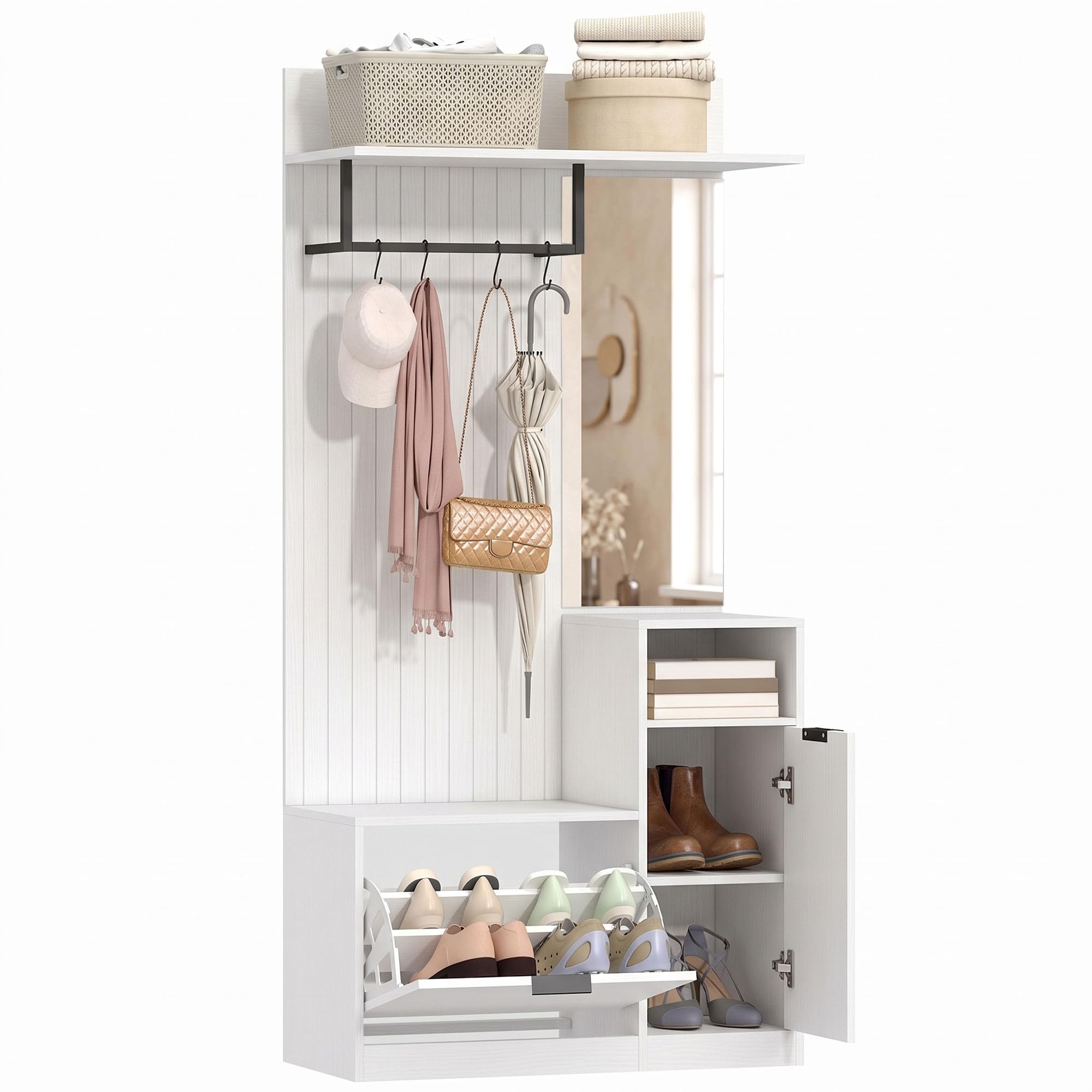 HOMCOM Porte-Manteau 6 en 1 Banc à Chaussures, Miroir, Blanc Effet Bois