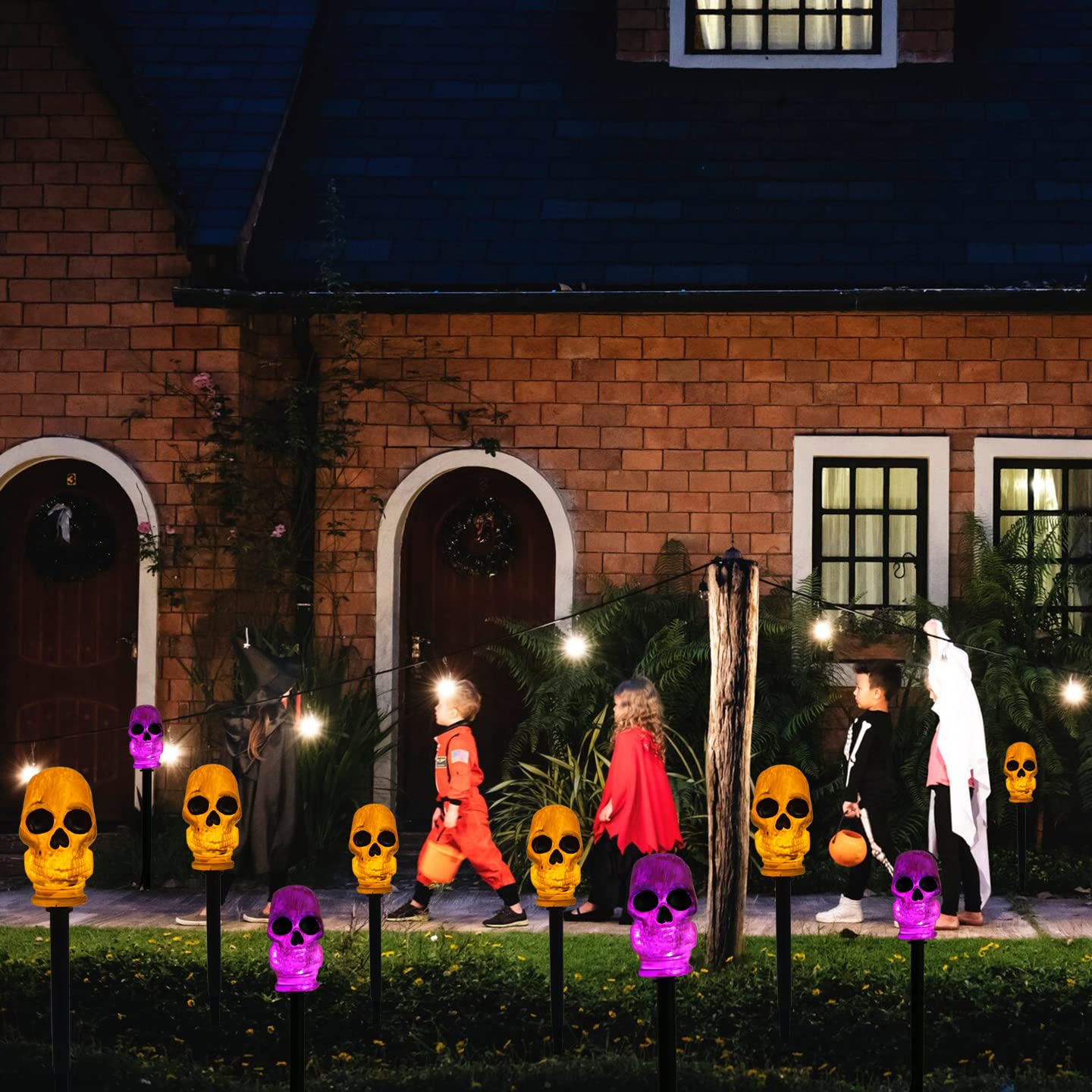 Halloween Decorations Solar Lights Outdoor, Fcysy 4 Pcs Halloween Purple Lighted Skeleton Skull Pathway Stake String Lights, Waterproof Halloween DÃ©cor Walkway Lights Yard Stakes Garden Solar Light