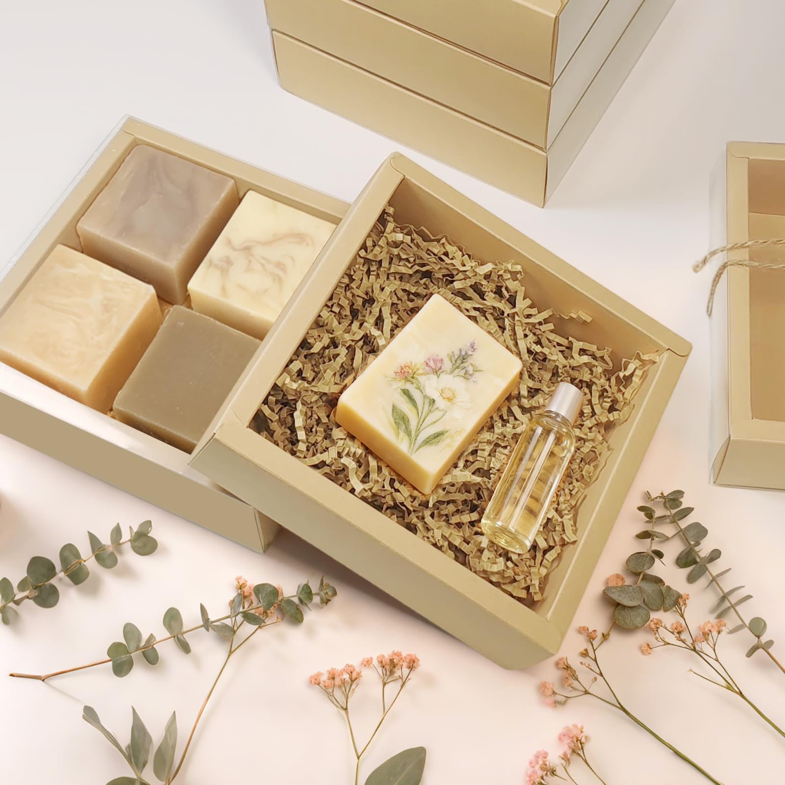 30 Kraftpapier-Karton-Boxen-Kits, Innenmaße 14 x 14 x 5 cm, hausgemachte Seifenbox mit Bast-Füllung, Blanko-Etiketten und Jute-Schnur, kleine Geschenkboxen für Schmuck, Süßigkeiten, Verpackungen