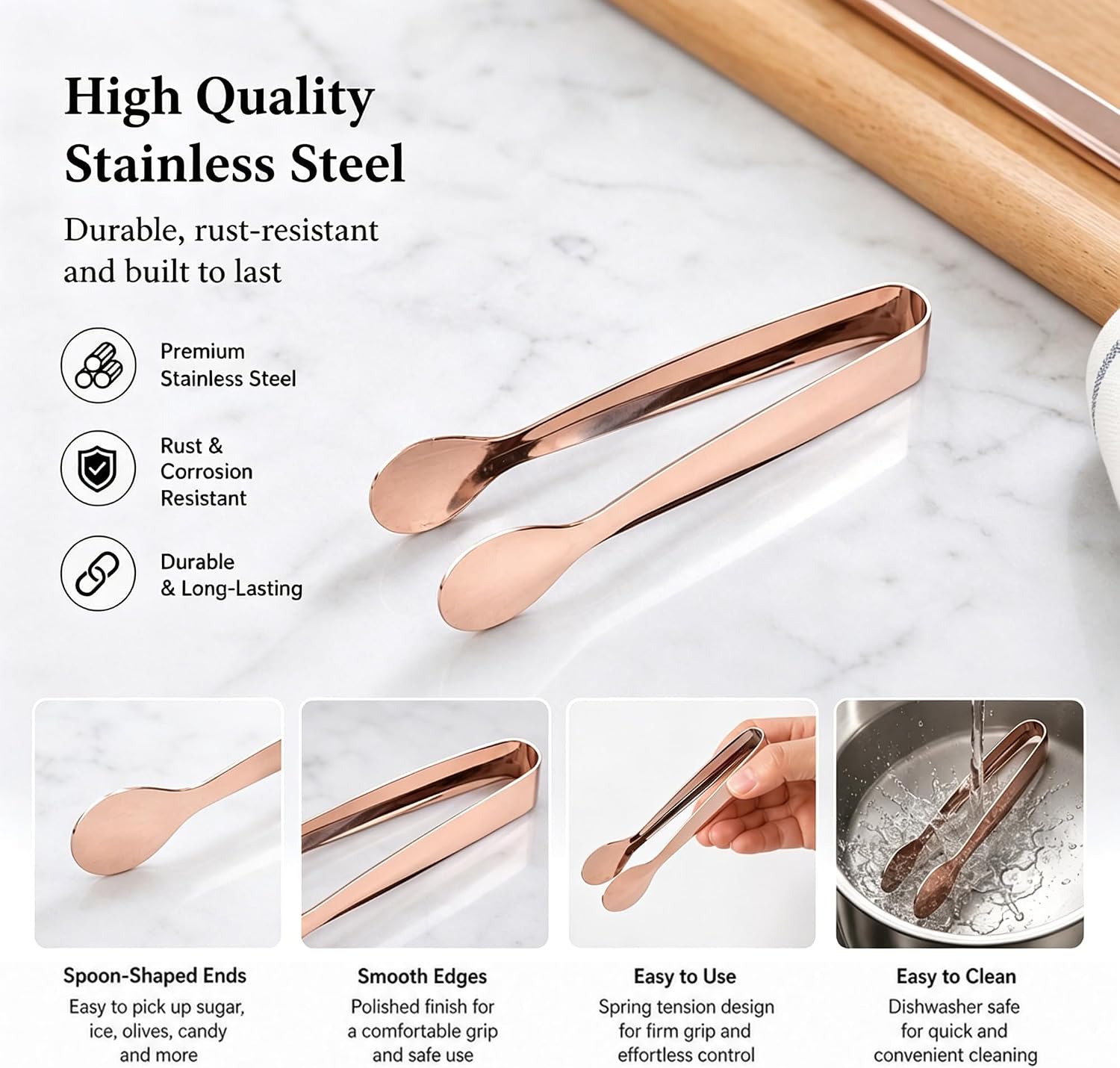 3 Pack Small Sugar Tongs, Mini Stainless Steel Kitchen Serving Tongs for Ice, Tea Party, Coffee Bar, Soda Bar Supplies (3, RoseGold) image 4