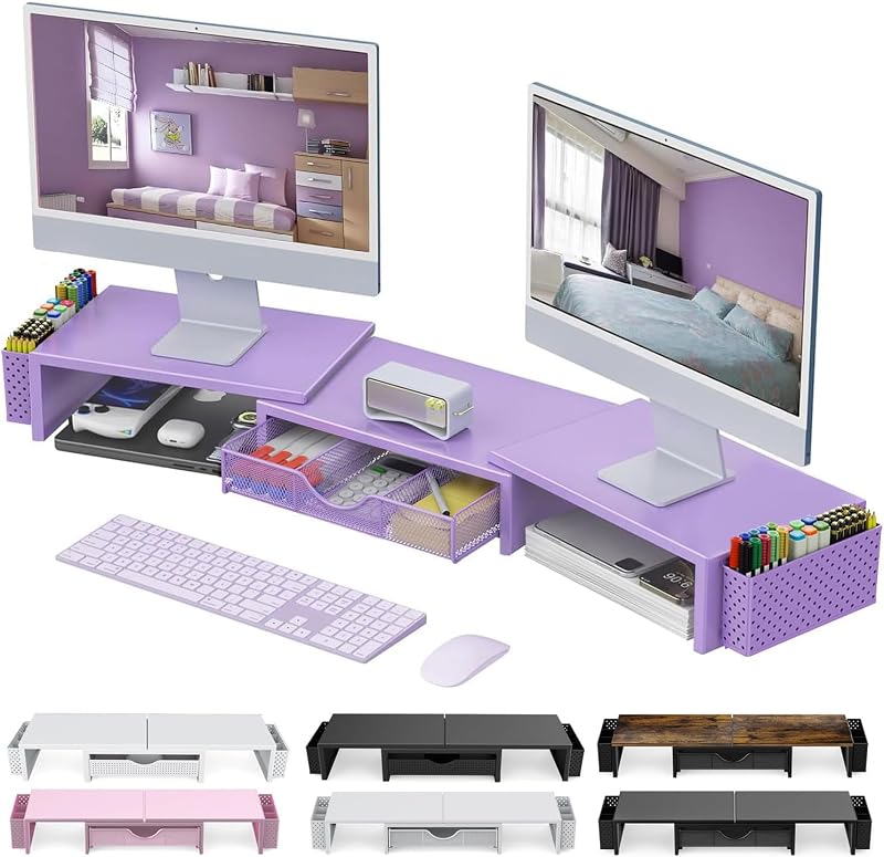 Pygocereri Supporto per doppio monitor con cassetto e portapenne — per chi ha la scrivania piena