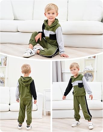 Toddler Baby Boy Clothes Long Sleeve Hooded Pullover Colorblock Sweatshirt + Pants 2Pcs Outfits Set...