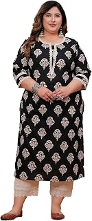 LABULY Women Pure Cotton Discharge Print Straight Plus Size Kurta with Lace Work Price In India