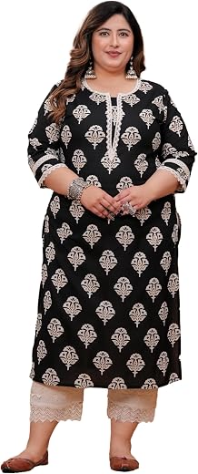 LABULY Women Pure Cotton Discharge Print Straight Plus Size Kurta with Lace Work