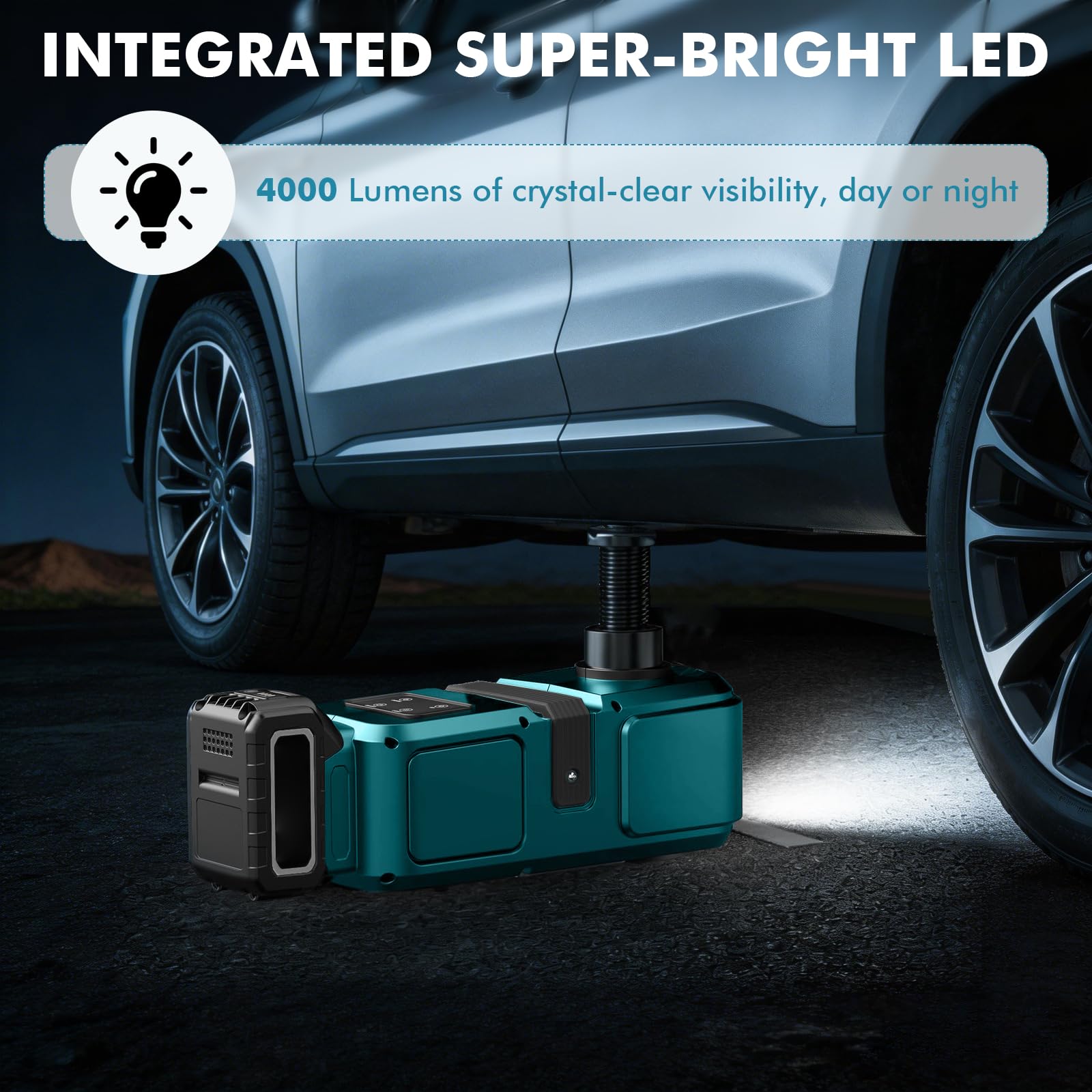 Gato hidráulico 5T, Gato hidráulico Compatible con batería Makita de 18 V | Bomba Inflable y luz LED, 150 – 450 mm, Elevador de Coche para Coche, SUV, sedán, MPV, Cambio de neumáticos