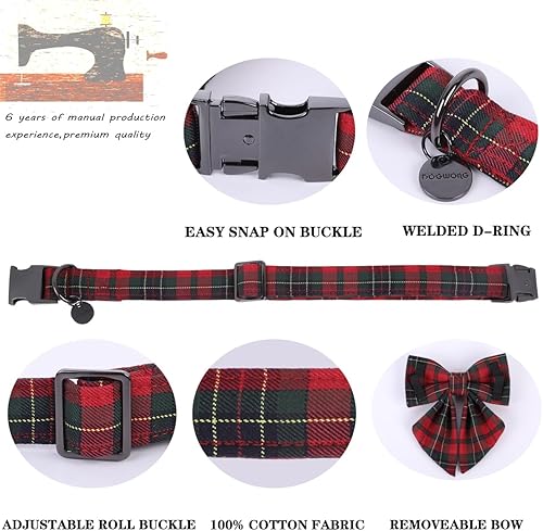 Miniatura 3 de DOGWONG Collar de perro a cuadros rojos con corbatín, lindo collar de algodón para perro, pajarita roja para perro, duradero y suave, para perros