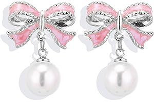 Valentines Day Gifts for Girls - Chic Pearl Bow Earrings in Silver and Pink