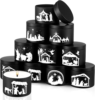 10 Pack Jesus Birth Theme Empty Candle Tins 4 oz Religious Christian Black Candle Jars with Lids 10 Different Scene Designs for DIY Home Church Christmas Gift, Exquisitely Packaged