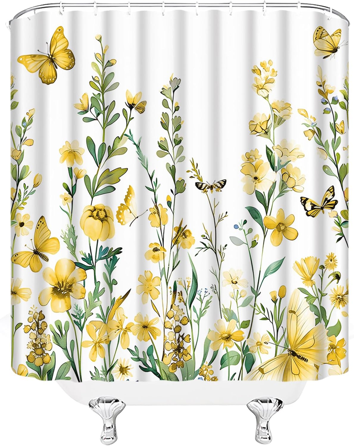 GCTNBJL Floral Plant Shower Curtain Boho Watercolor Flower Leaves Herbs Botanical Wildflower Rustic Nature Yellow Green Extra Long Bathroom Home Curtain with Hooks,70x78 Inch