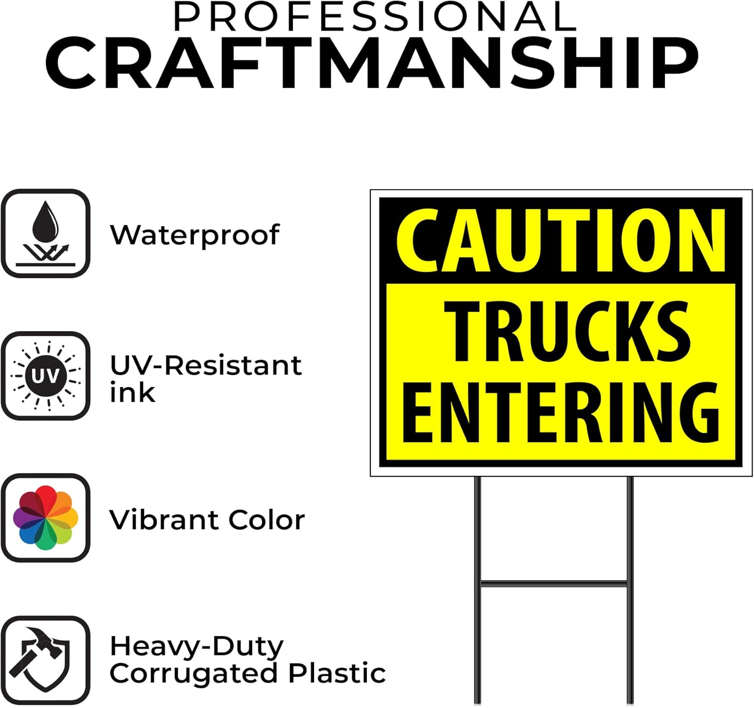 CAUTION TRUCKS ENTERING YELLOW - Double Sided Yard Sign ROAD SIGN with Stand