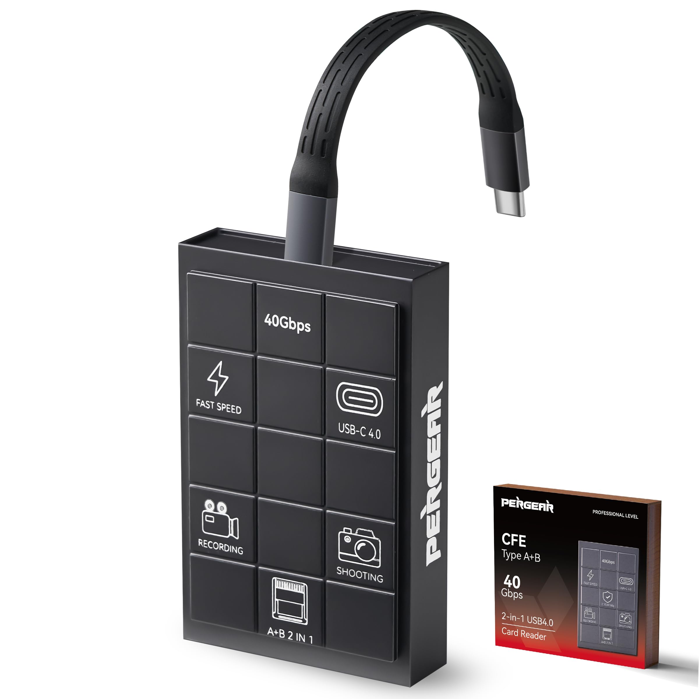 PERGEAR Lettore di schede professionale CFexpress 4.0 tipo A, USB tipo C 40 Gbps tipo C su CFexpress tipo A+B 2 in 1, trasmissione ad alta velocità per Windows/Mac/Linux/Android/iPad