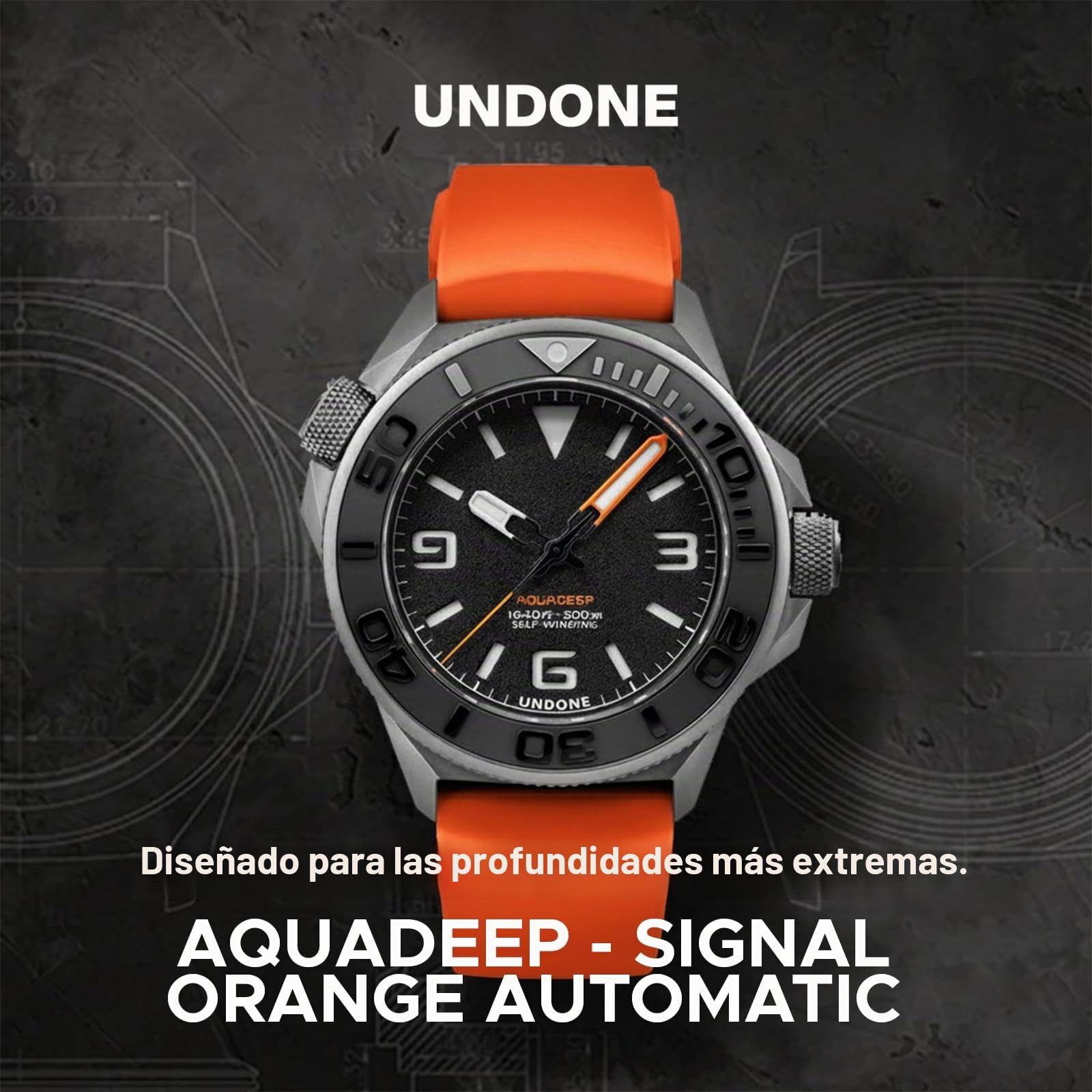 Undone Aquadeep - Reloj de Pulsera automático para Hombre, 43 mm, 500 m, Resistente al Agua, Correa de Goma, Titanio, 43mm, Reloj de Buceo