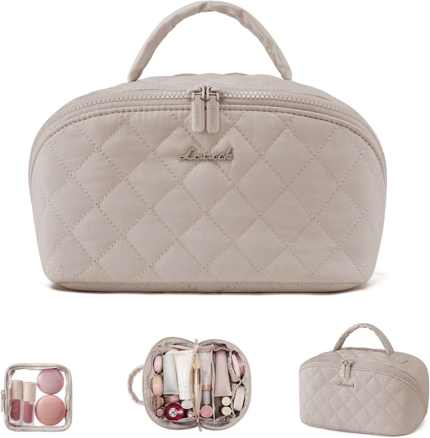 LOVEVOOK Travel Makeup Bag for Women, 2Pcs Puffer Waterproof Cosmetic Organizer, Large Capacity Pouch Open Flat Small Toiletry Bag with Brush Compartment & Handle (Light khaki, Large)