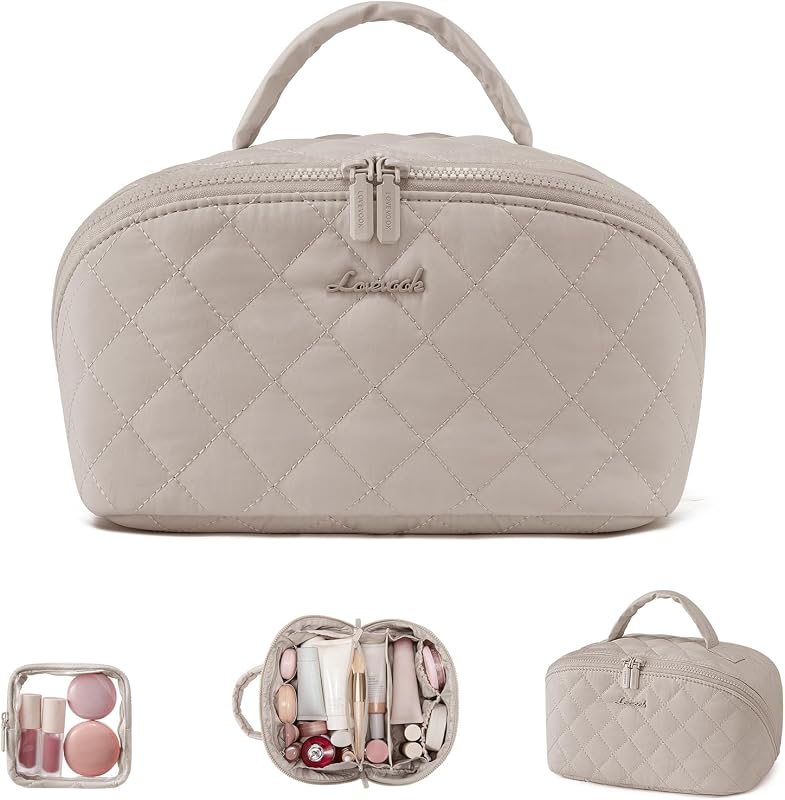 Necessaire de maquiagem LOVEVOOK com 2 unidades, abertura ampla, compartimento para pincéis e alça, Light khaki, tamanho médio