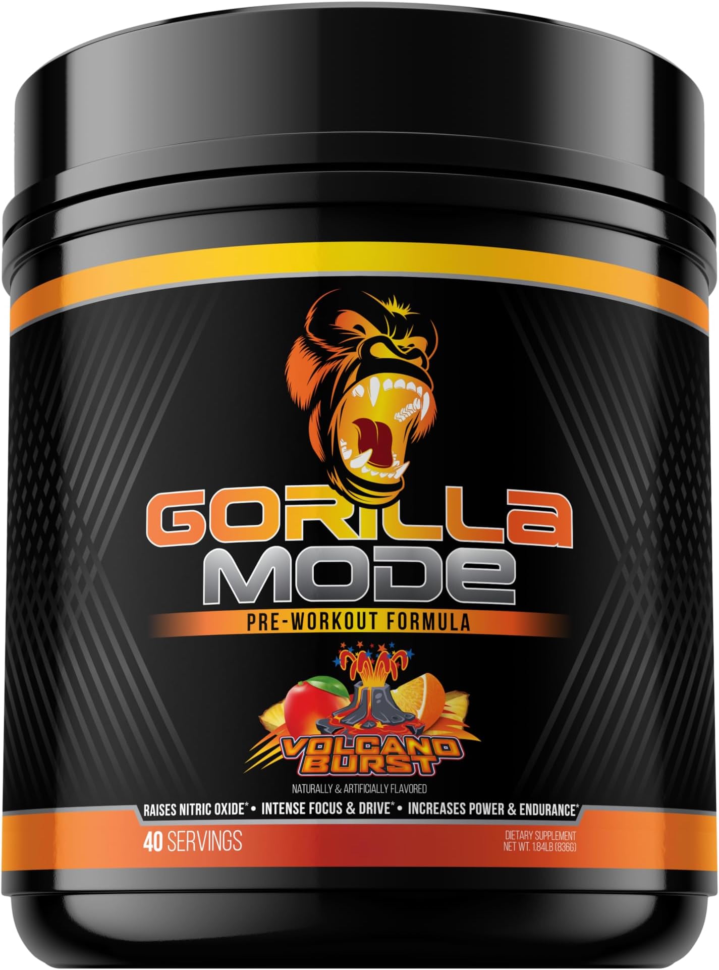 Gorilla Mode Pre Workout - Massive Pumps · Laser Focus · Energy · Power - L-Citrulline, Creatine, L-Tyrosine, Betaine, Hydroprime®, Alpha-GPC, 400mg Caffeine, Huperzine A - 836g (Volcano Burst)