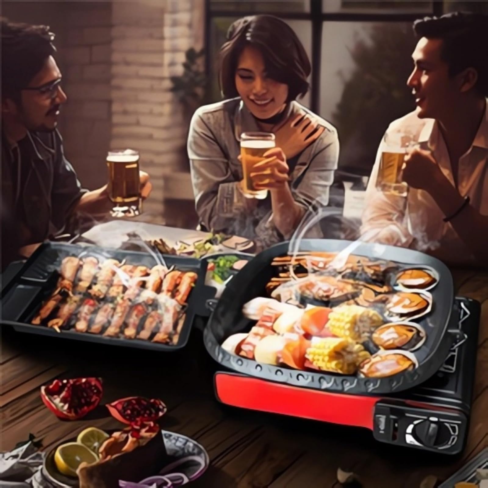 Quadratische Grillpfanne,Gaskocher grillplatte, Grillaufsatz gaskocher camping，Antihaftbeschichtet, Innen- und Außen Grillplatte campingkocher