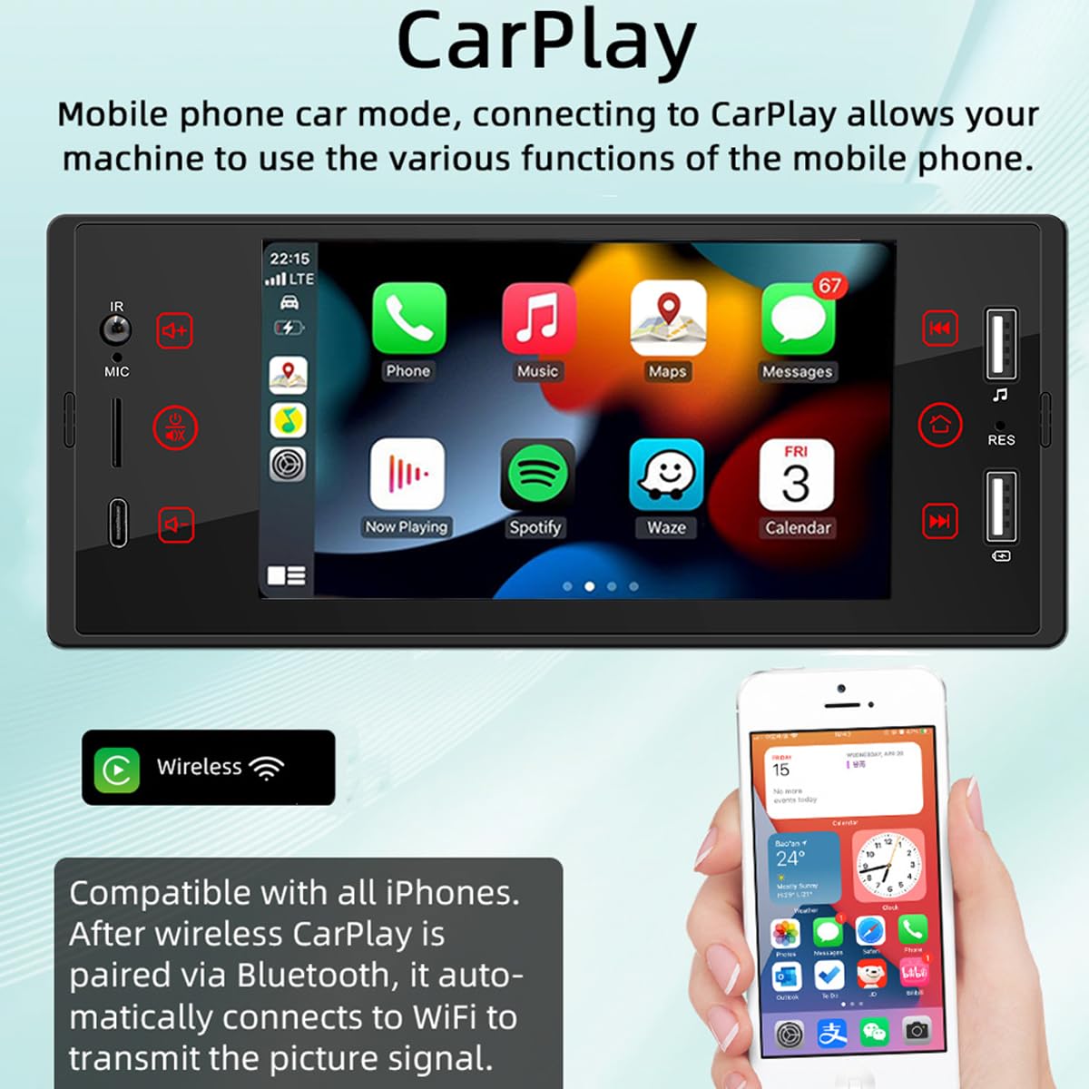 Samochodowe radio pojedyncze DIN z 5-calowym ekranem dotykowym, kompatybilne z CarPlay Android Auto, Bluetooth, ekranem dotykowym, radiem FM Mirror Link, typem C, szybkim ładowaniem USB 2.1A