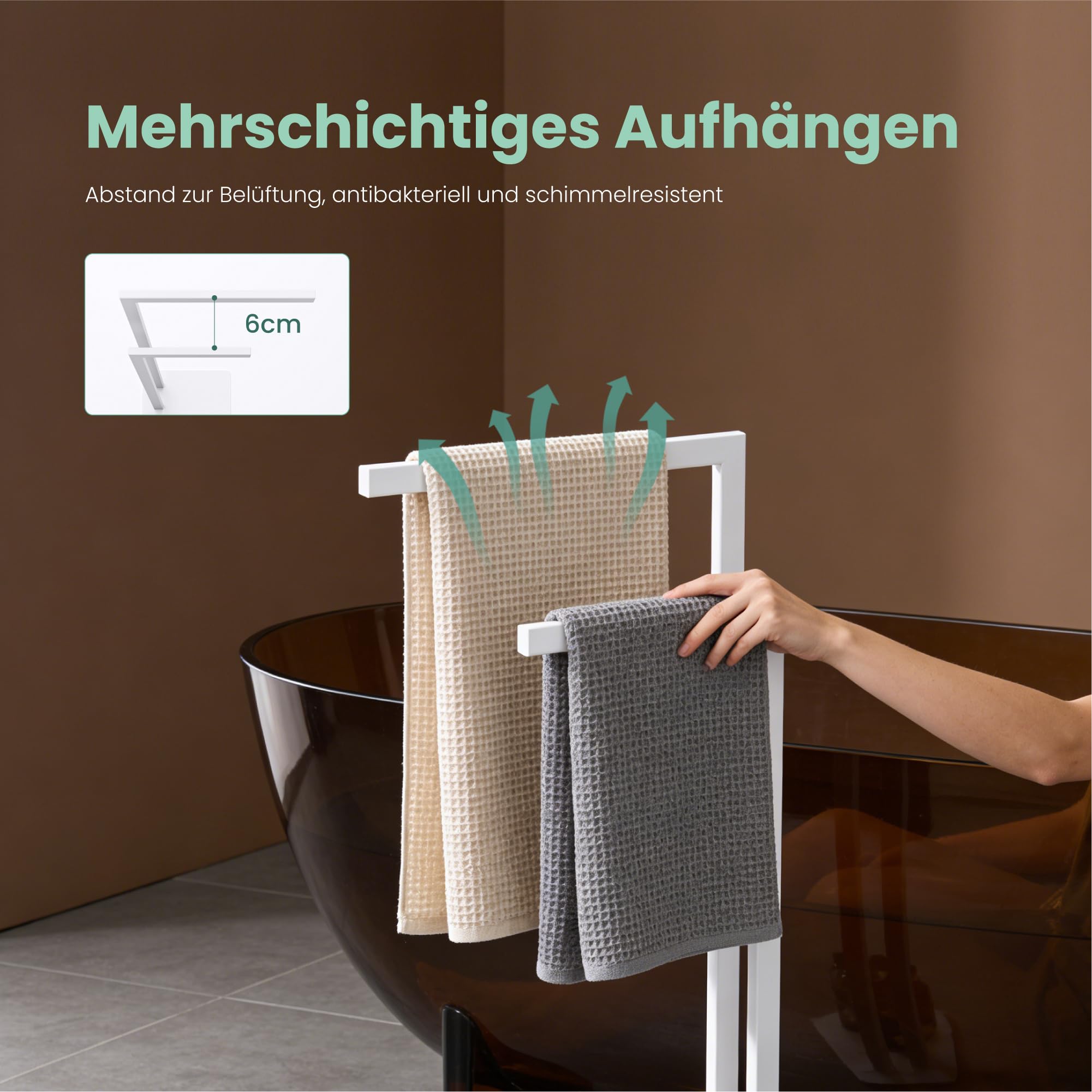 Mai & Mai Handtuchhalter stehend mit 2 Stangen Handtuchständer ohne Bohren | Freistehender Badetuchhalter aus Edelstahl, Matt weiß 25x15x78cm Tavrin-02