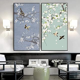 Dipinti su tela in stile cinese Uccello fiore di pesco poster e stampe soggiorno quadri murali arte decorazione della casa -50x100cm Senza cornice