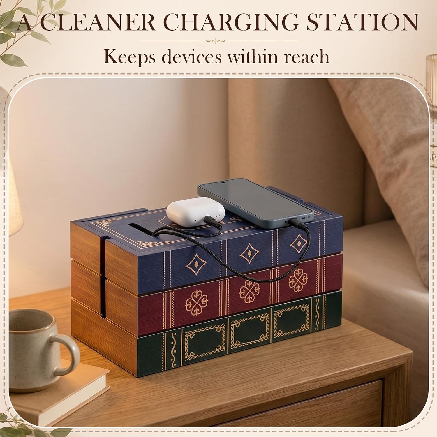 Tallew Book Shape Decorative Cable Management Box Wooden Decorative Cord Hider & Organizer with Magnetic Lid for Power Strip, TV Wires, Desk & Floor Cables, Home Office & Living Room Decor