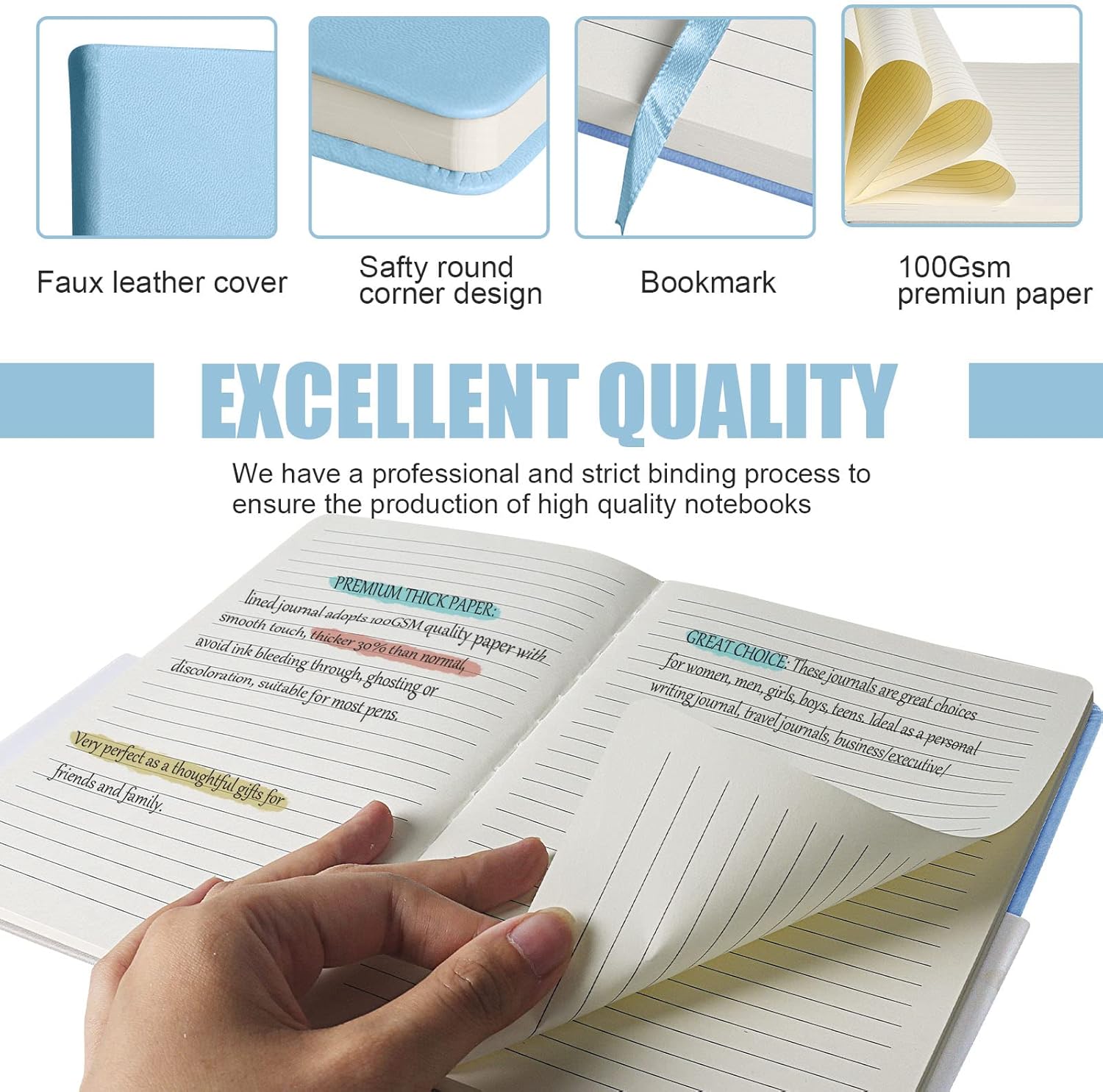Lined Journal Notebook, 6Pack Hardcover Notebook for Men & Women – Journals for Writing, Work, School, Home & Daily Notes, 160 Pages – Medium A5, 5.7"x8", 100 gsm Thick Paper (Sky Blue)​