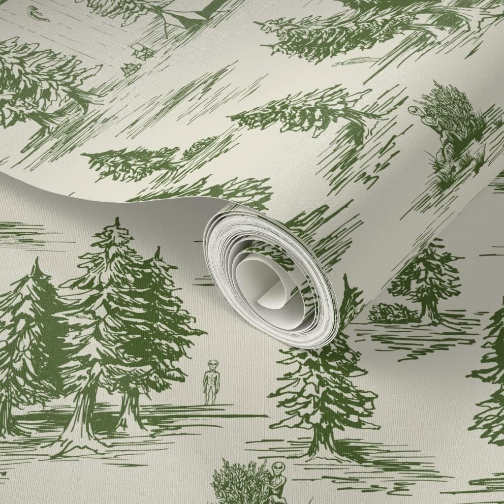 Spoonflower Peel & Stick Wallpaper 3ft x 2ft - Small Scale Green Toile De Pattern Whimsical Funny Custom Removable Wallpaper