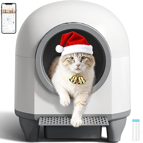 WARCAT Self Cleaning Litter Box Automatic, 90 L Automatic Cat Litter Box for Multiple Cats APP-Controlled with Smart Sensors, Safety Protection,Mat,1 Roll Garbage Bag (Gray)