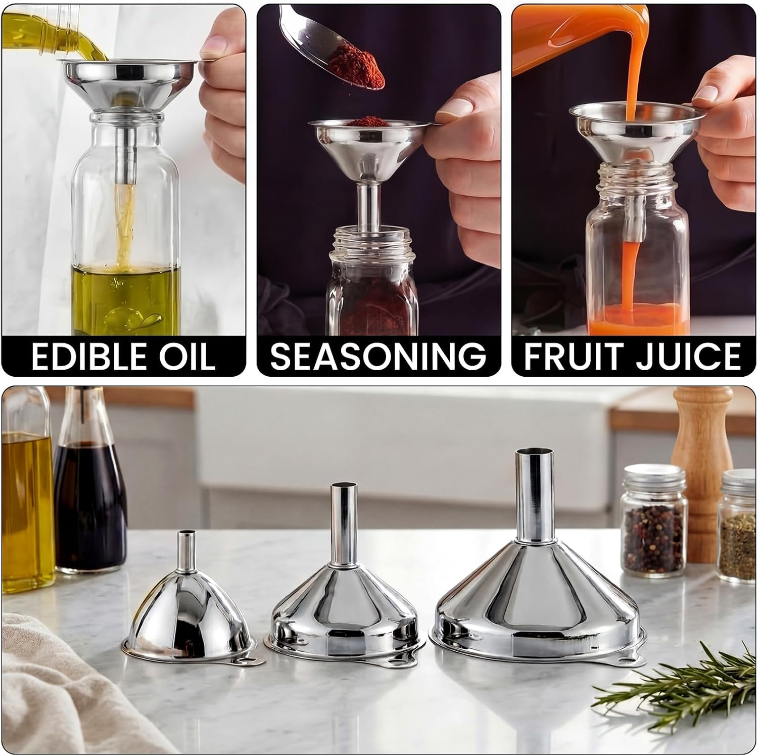 Mifoci 6 Pcs Stainless Steel Funnels for Kitchen Use Filling Bottles 3 Size