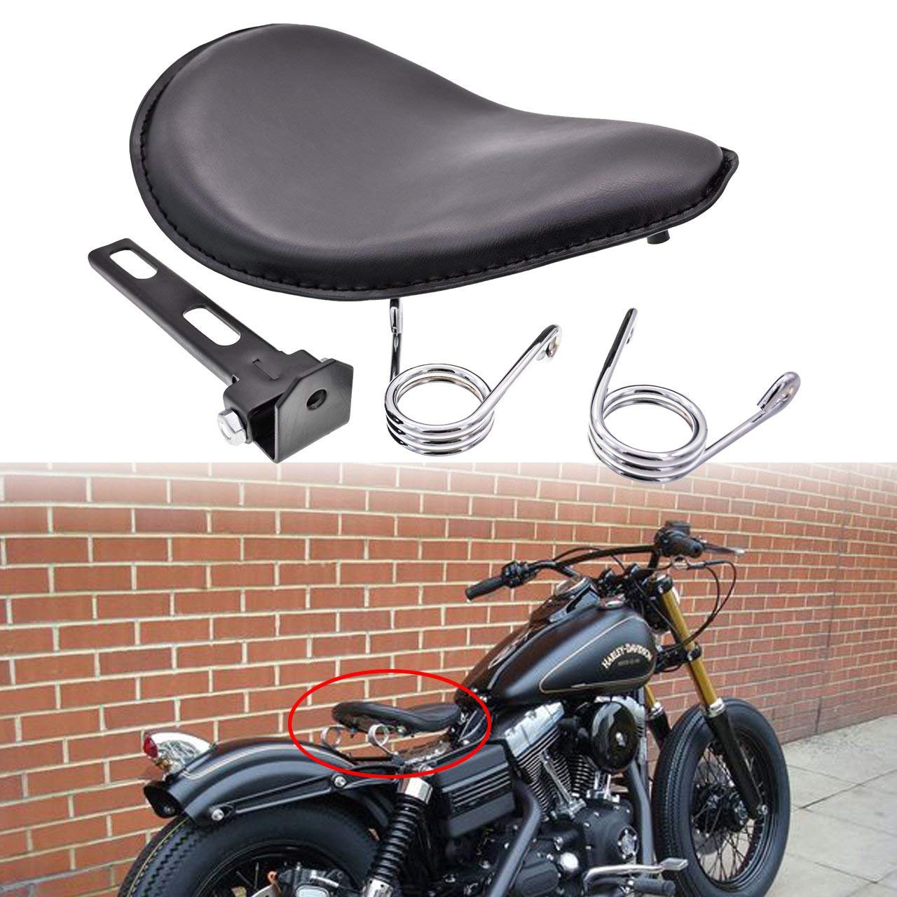 KaTur - Sellino singolo in pelle nera, con kit di staffe di montaggio e molle da 8 mm per Harley Honda Yamaha Kawasaki Suzuki Sportster Bobber Chopper